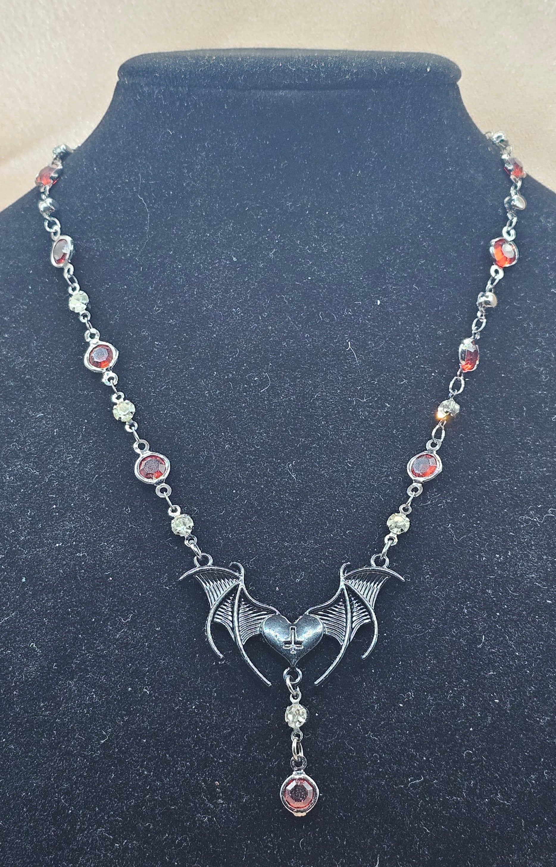 Bat Heart Gothic Necklace | Black Bat Wing Pendant & Red Garnet Drop | Handmade