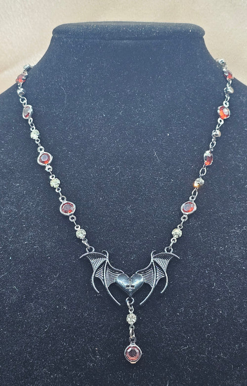 Bat Heart Gothic Necklace | Black Bat Wing Pendant & Red Garnet Drop | Handmade