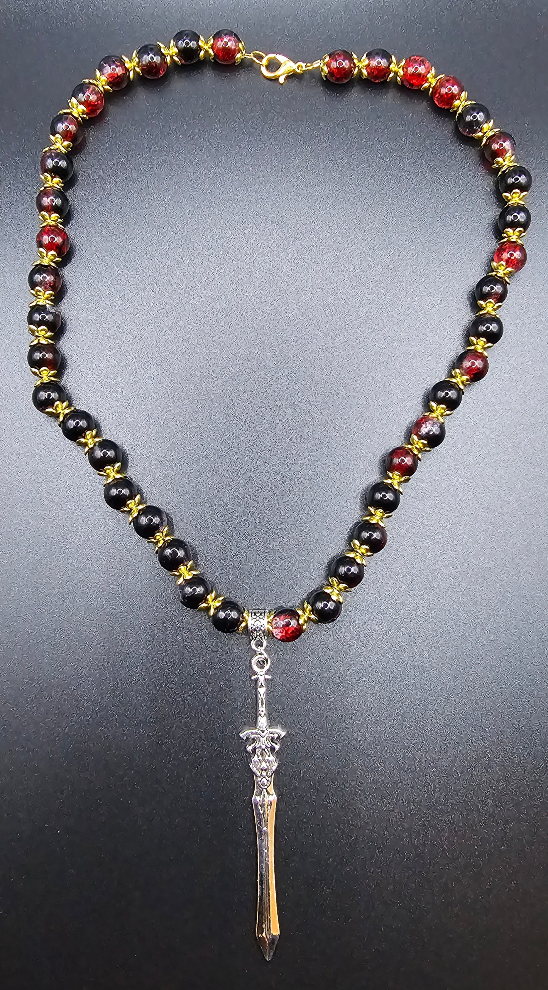 Red & Black Beaded Necklace | Gothic Sword Pendant | Handmade Dark Fantasy Jewellery