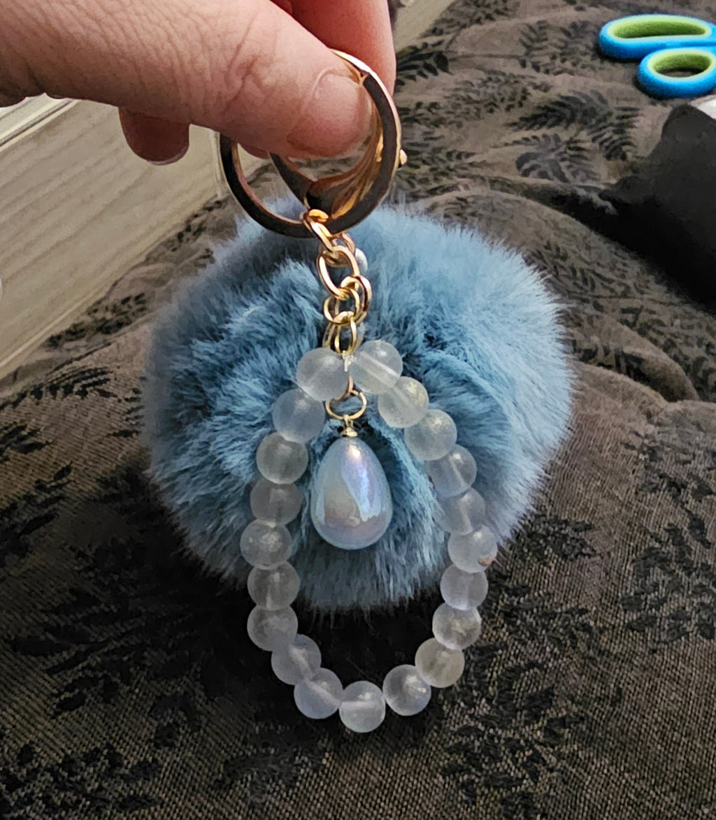 Blue Pom Pom Beaded Keychain | Frosted Bead & Iridescent Teardrop | Handmade Coquette Accessory