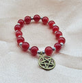 Carnelian Pentagram Bracelet | Red Beaded Stretch with Bronze Pentacle | Handmade Witchy Jewellery Australia
