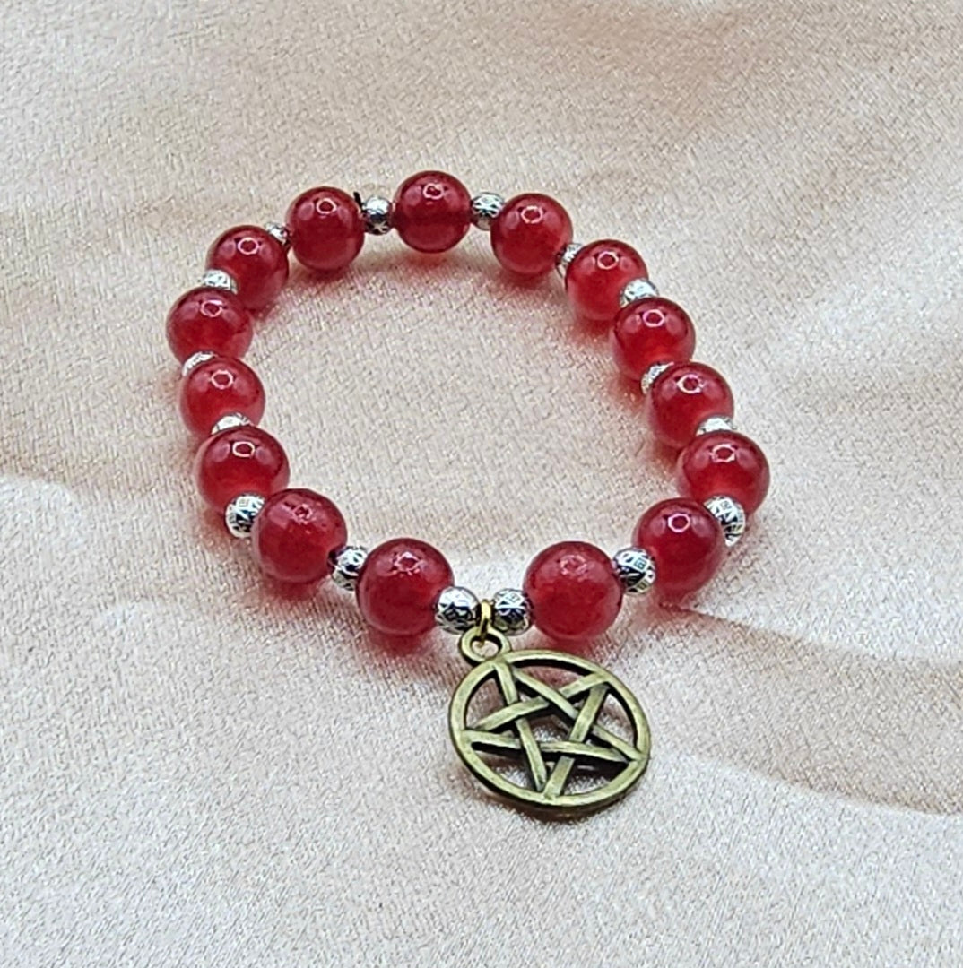 Carnelian Pentagram Bracelet | Red Beaded Stretch with Bronze Pentacle | Handmade Witchy Jewellery Australia