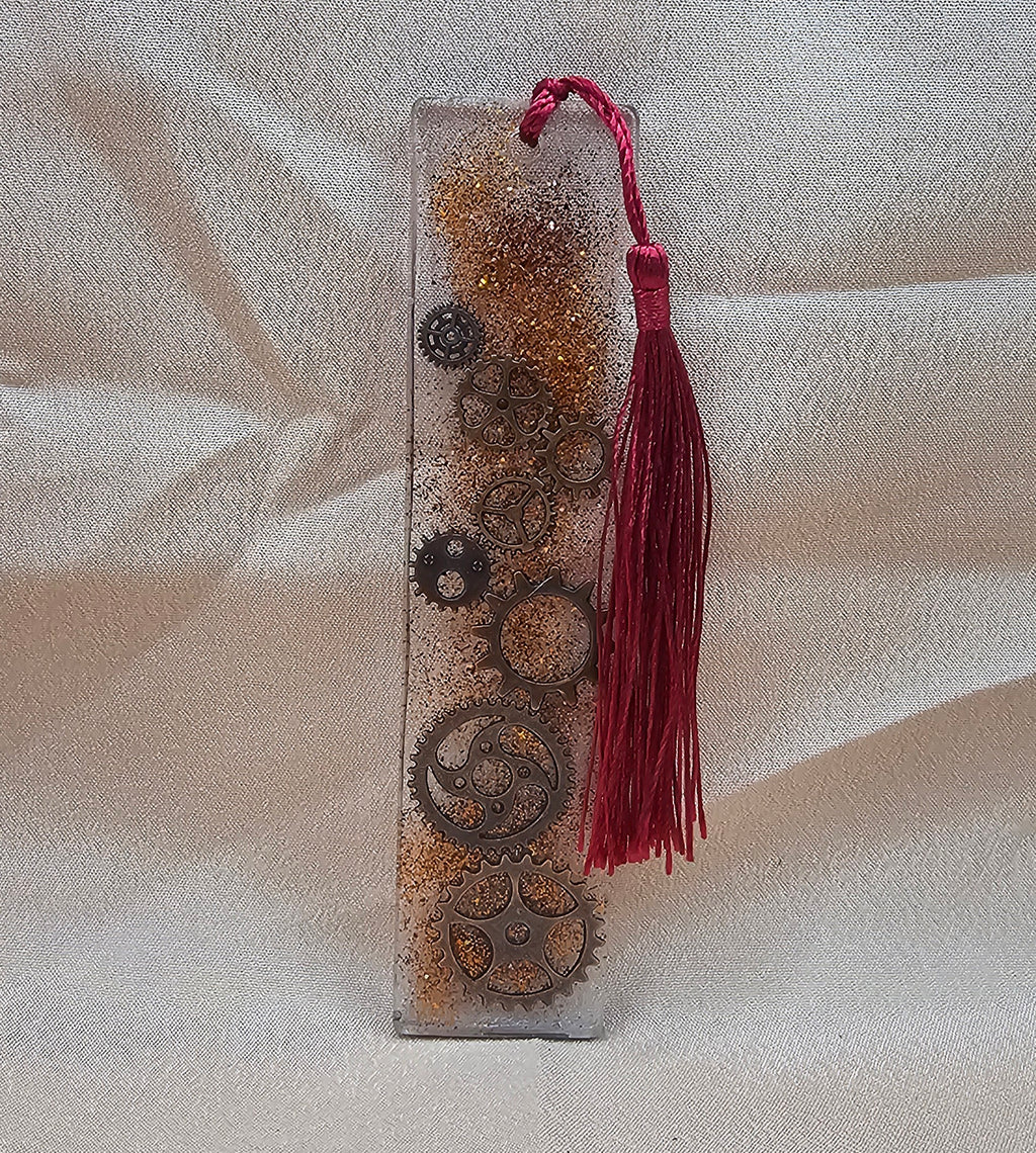 Steampunk Gear Resin Bookmark | Vintage Metal Cogs & Gold Glitter in Clear Resin | Burgundy Tassel | Gothic Industrial Gift Australia