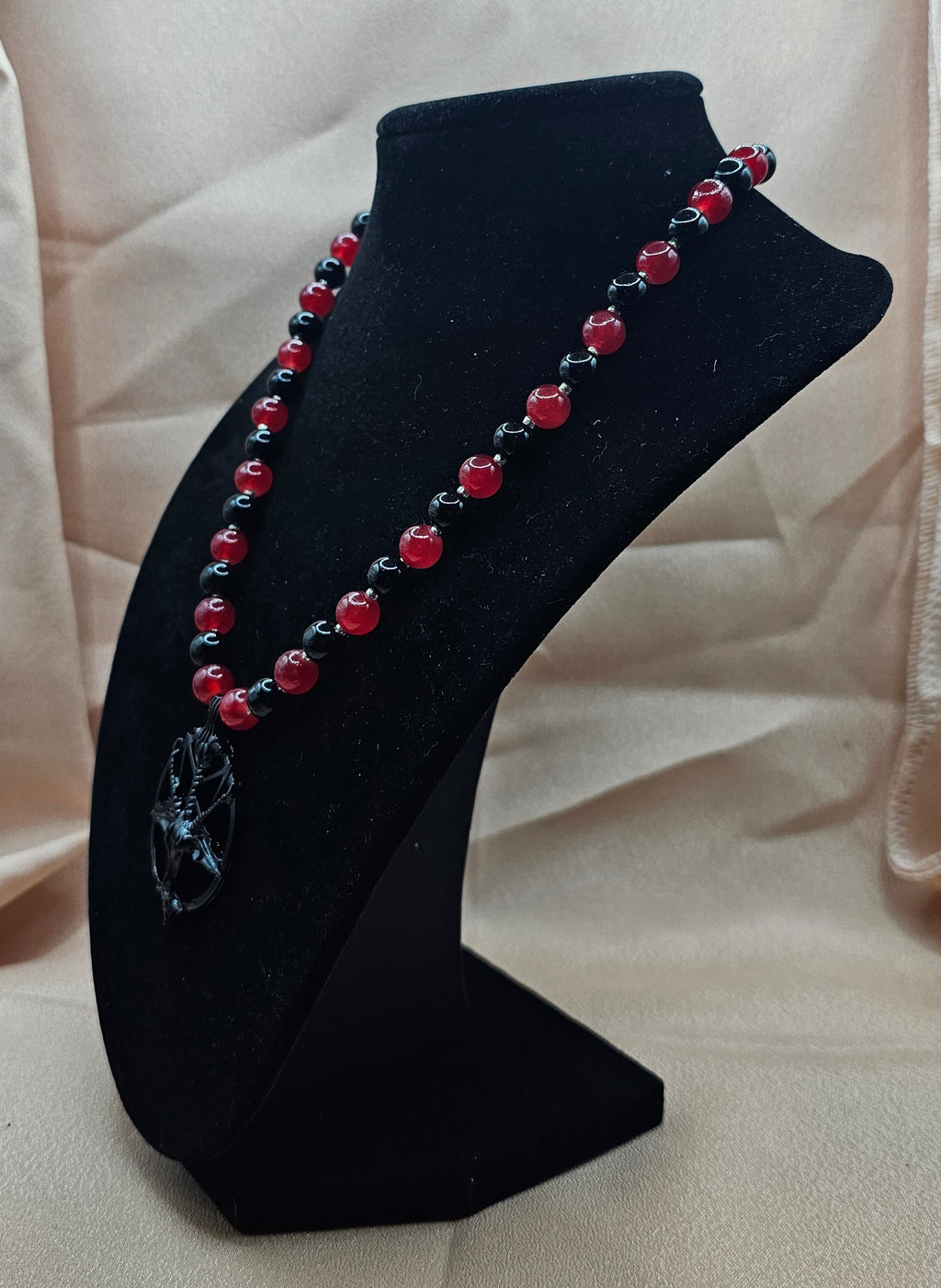 Red & Black Beaded Gothic Necklace | Occult Goat Pendant | Handmade Alt Jewellery