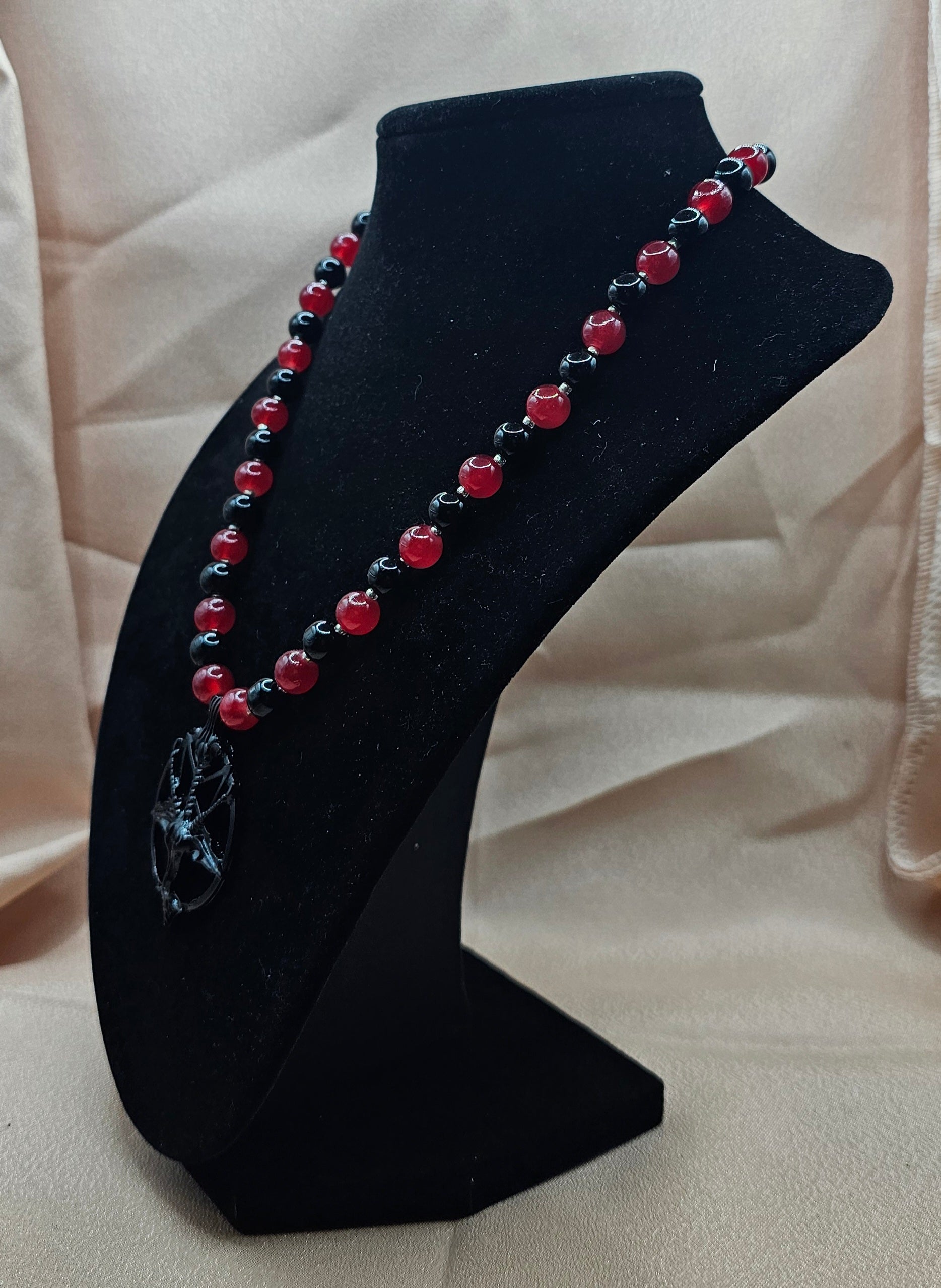 Red & Black Beaded Gothic Necklace | Occult Goat Pendant | Handmade Alt Jewellery