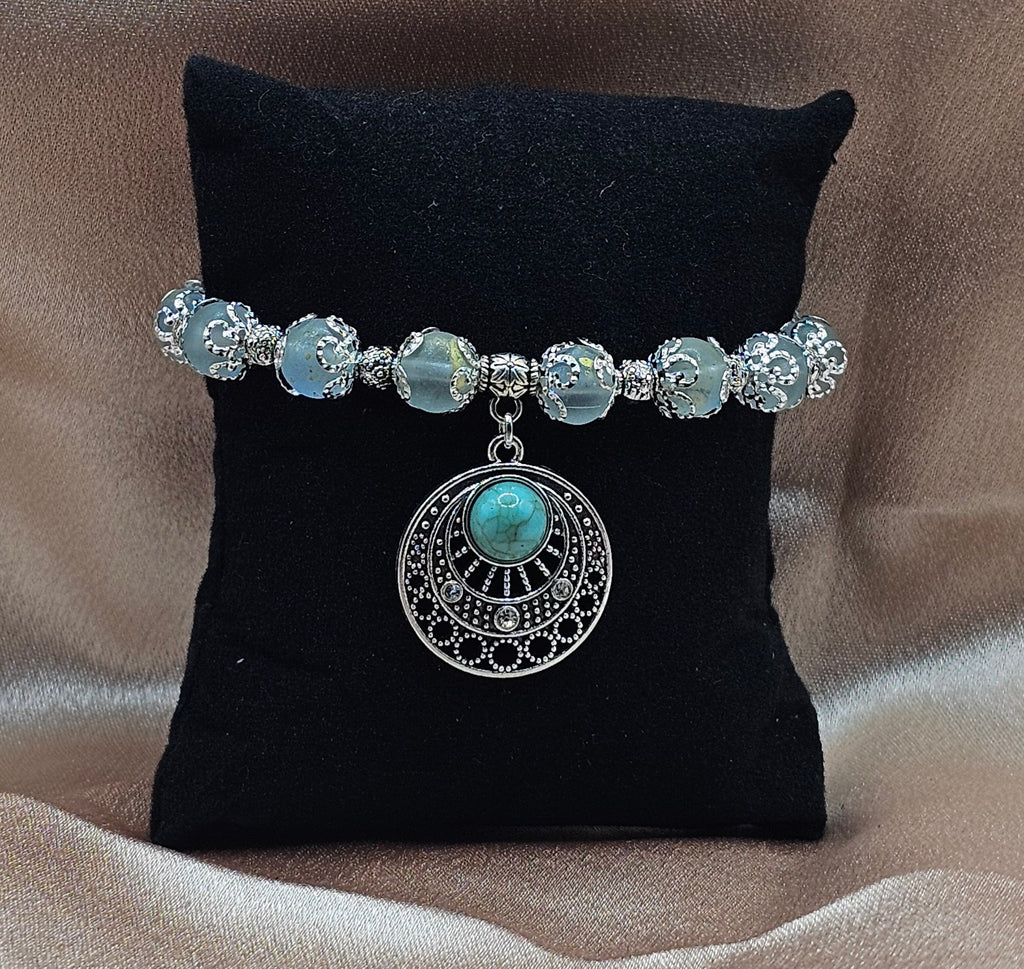 Turquoise Mandala Bracelet | Frosted Crystal Beads & Silver Detailing | Handmade Boho Spiritual Jewellery Australia