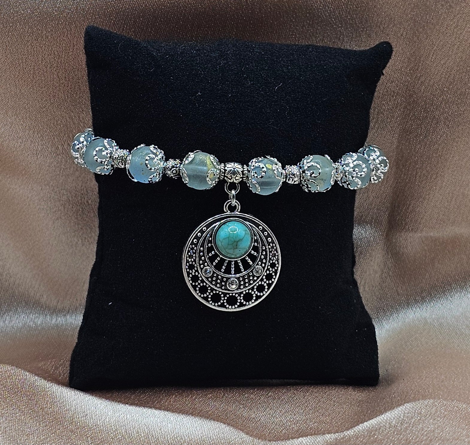 Turquoise Mandala Bracelet | Frosted Crystal Beads & Silver Detailing | Handmade Boho Spiritual Jewellery Australia