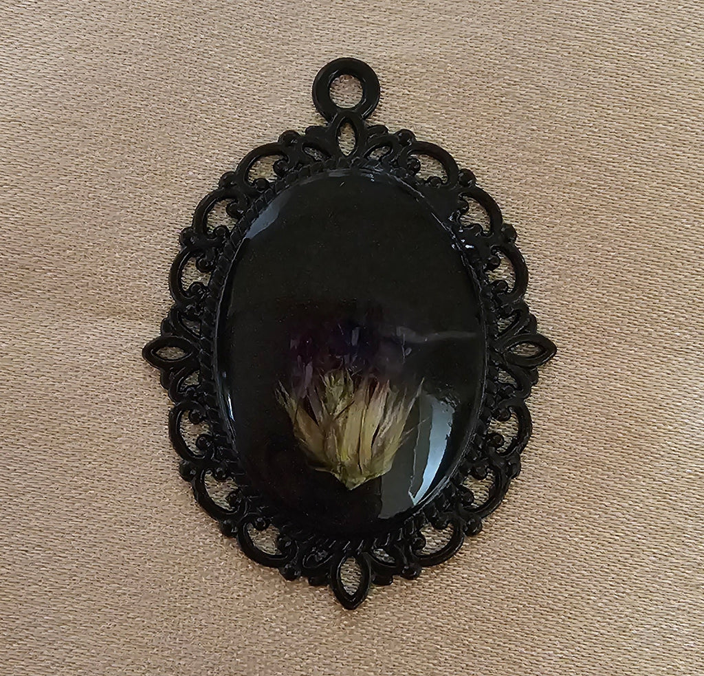 Real Dried Flower Bud Oval Resin Pendant | Black Gothic Victorian Filigree Frame | Handmade Dark Botanical Jewellery