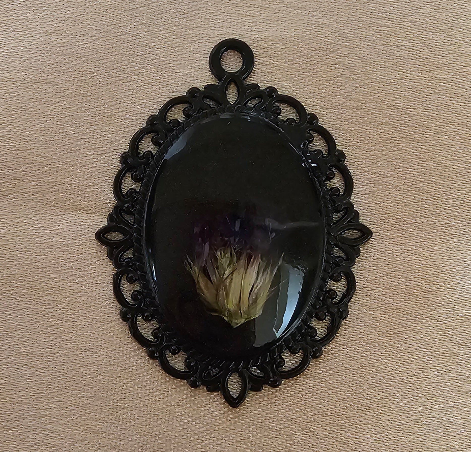 Real Dried Flower Bud Oval Resin Pendant | Black Gothic Victorian Filigree Frame | Handmade Dark Botanical Jewellery