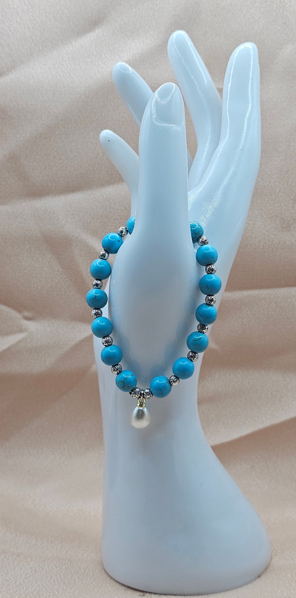 Handmade turquoise beaded bracelet with pearl charm and silver spacers, coastal boho jewellery Australia
