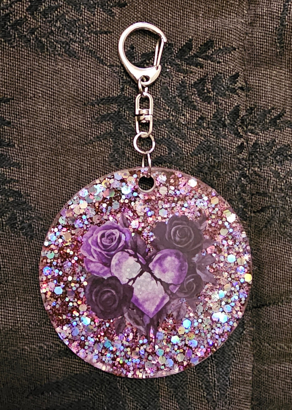 Cracked Crystal Rose Resin Keychain – Pink Iridescent Glitter & Floral Heart | Dark Romantic Handmade Gift Australia