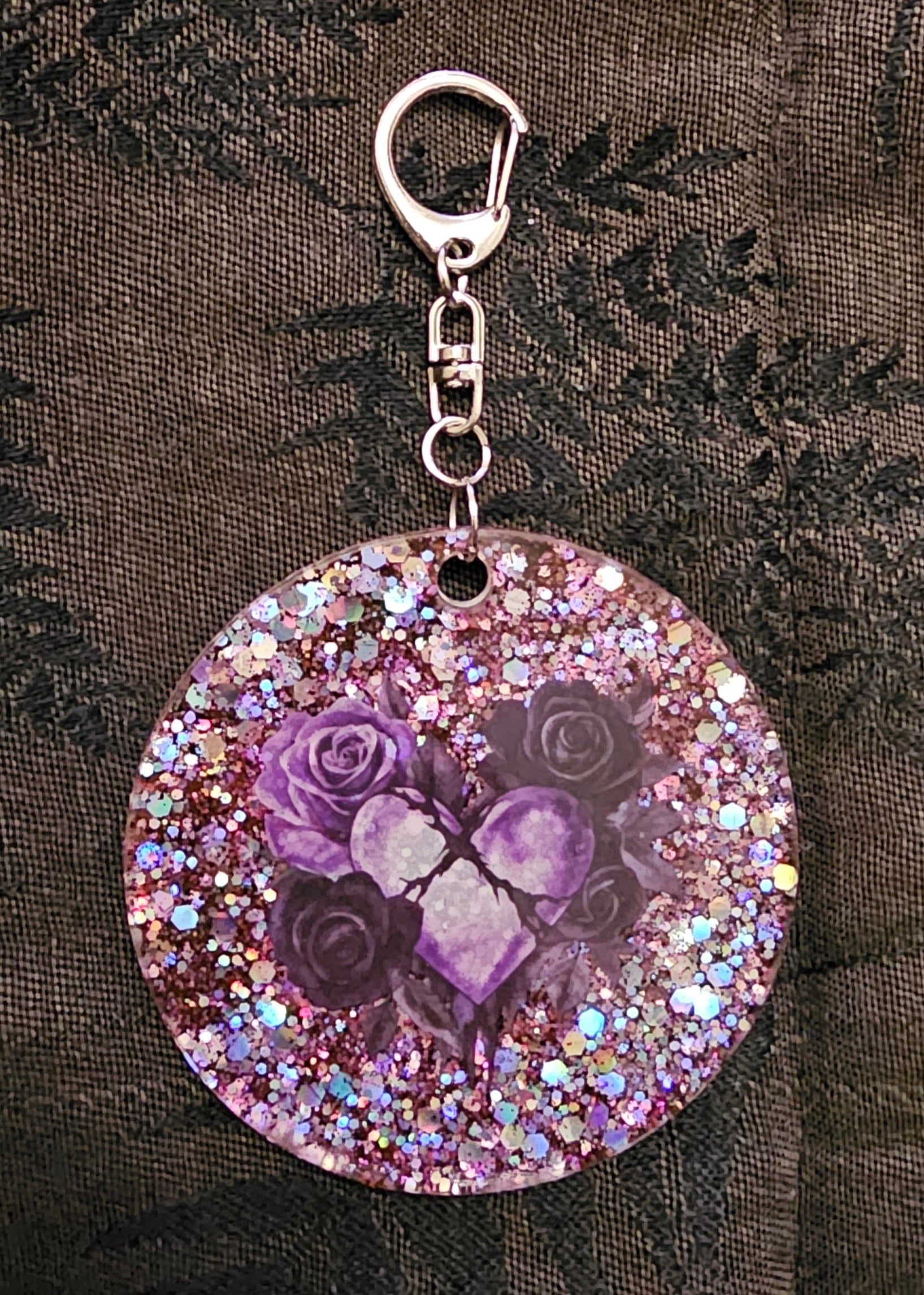 Cracked Crystal Rose Resin Keychain – Pink Iridescent Glitter & Floral Heart | Dark Romantic Handmade Gift Australia