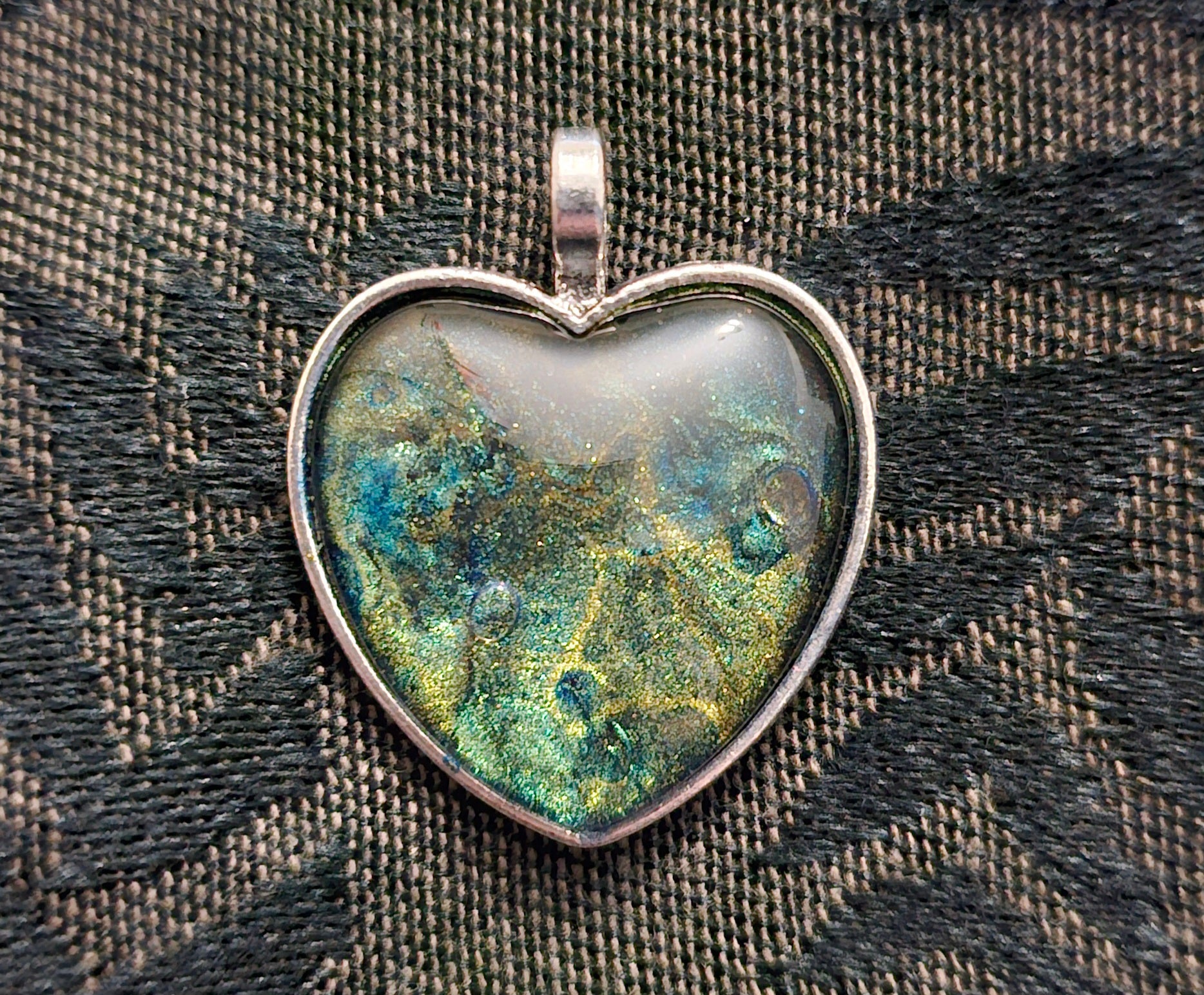 Ocean Galaxy Heart Resin Pendant | Teal Gold Green Shimmer | Handmade Fairycore Jewellery