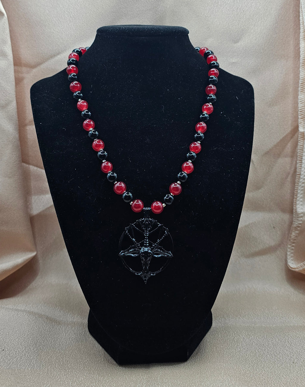Red & Black Beaded Gothic Necklace | Occult Goat Pendant | Handmade Alt Jewellery