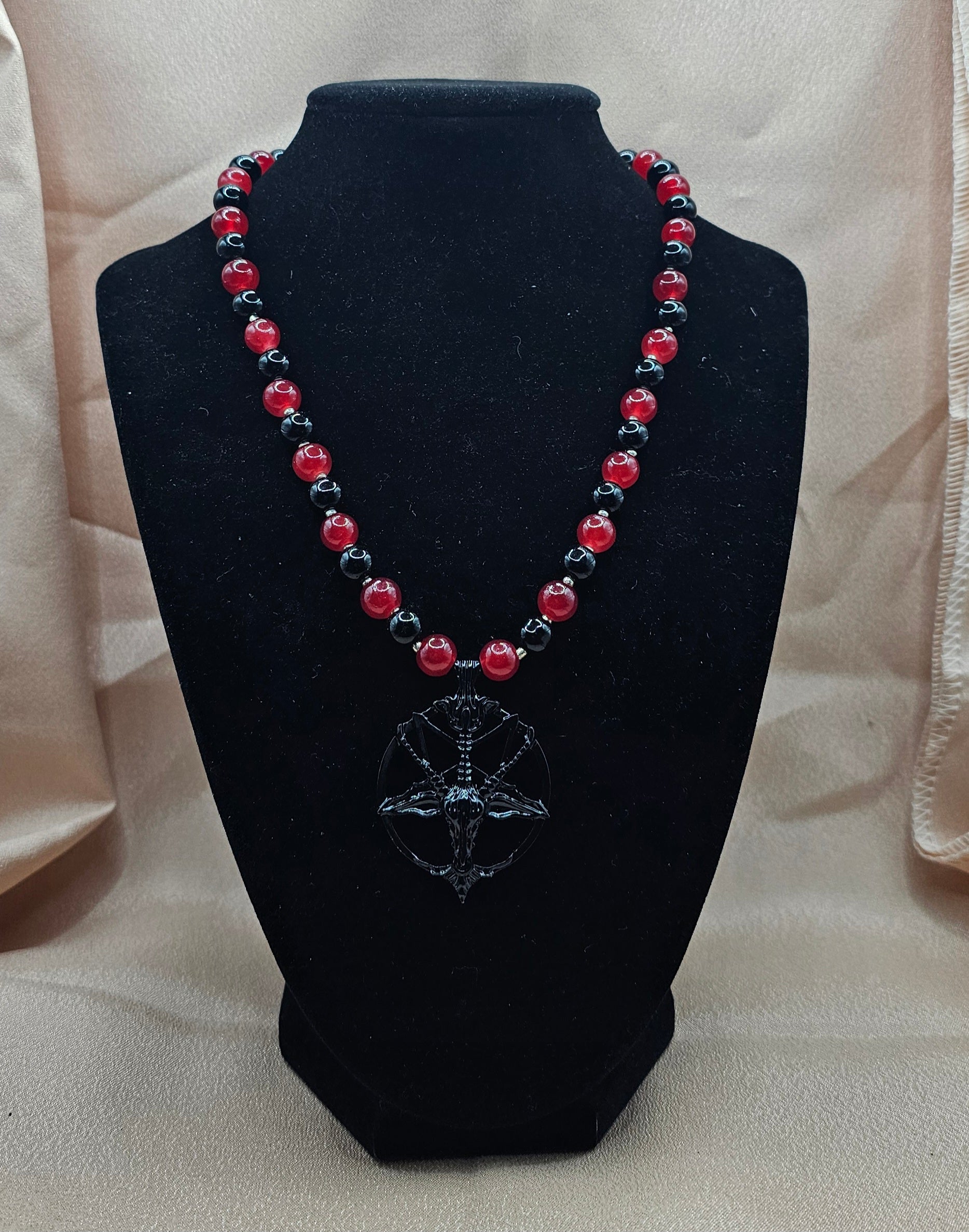 Red & Black Beaded Gothic Necklace | Occult Goat Pendant | Handmade Alt Jewellery