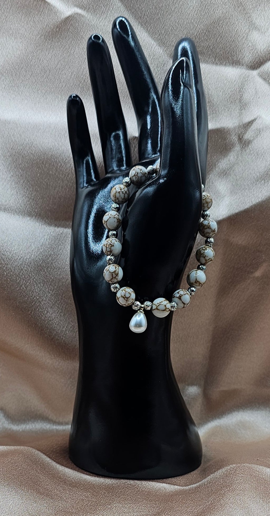 White Crackle Vein Bead Bracelet | Pearl Drop & Silver Filigree | Handmade Elegant Jewellery Australia
