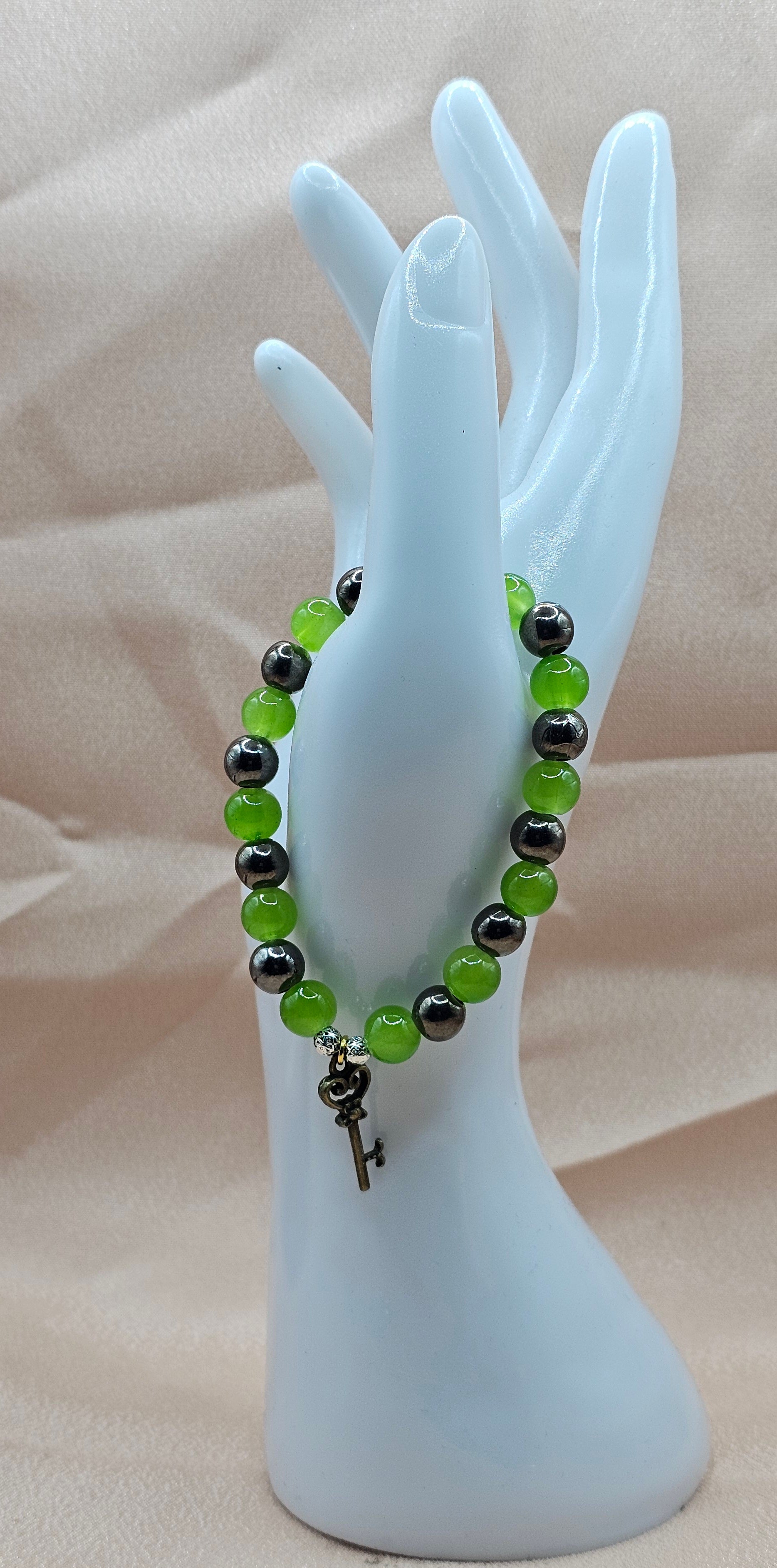 Handmade green aventurine bracelet with vintage key charm and hematite spacers, cottagecore jewellery Australia
