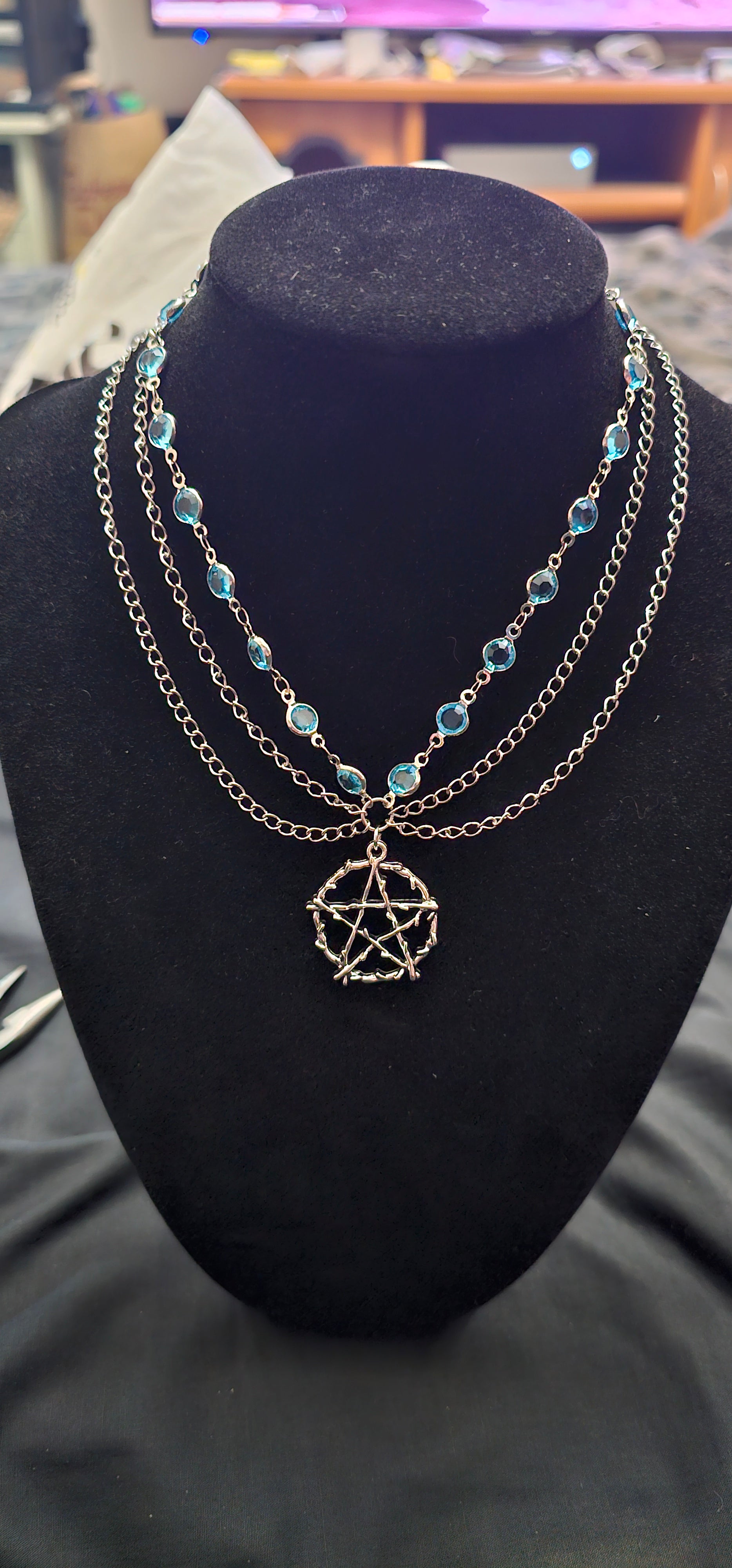 Blue Pentagram Necklace | Layered Silver Chains & Blue Crystals | Handmade Witchy Jewellery
