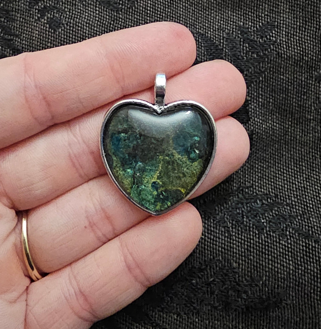 Ocean Galaxy Heart Resin Pendant | Teal Gold Green Shimmer | Handmade Fairycore Jewellery