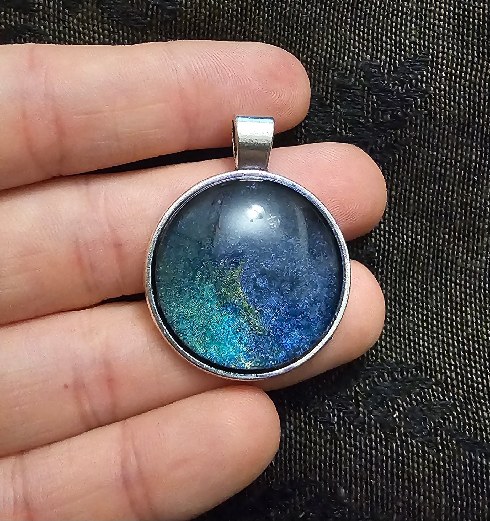 Midnight Galaxy Round Resin Pendant | Deep Blue Teal Shimmer | Handmade Gothic Fairycore Jewellery