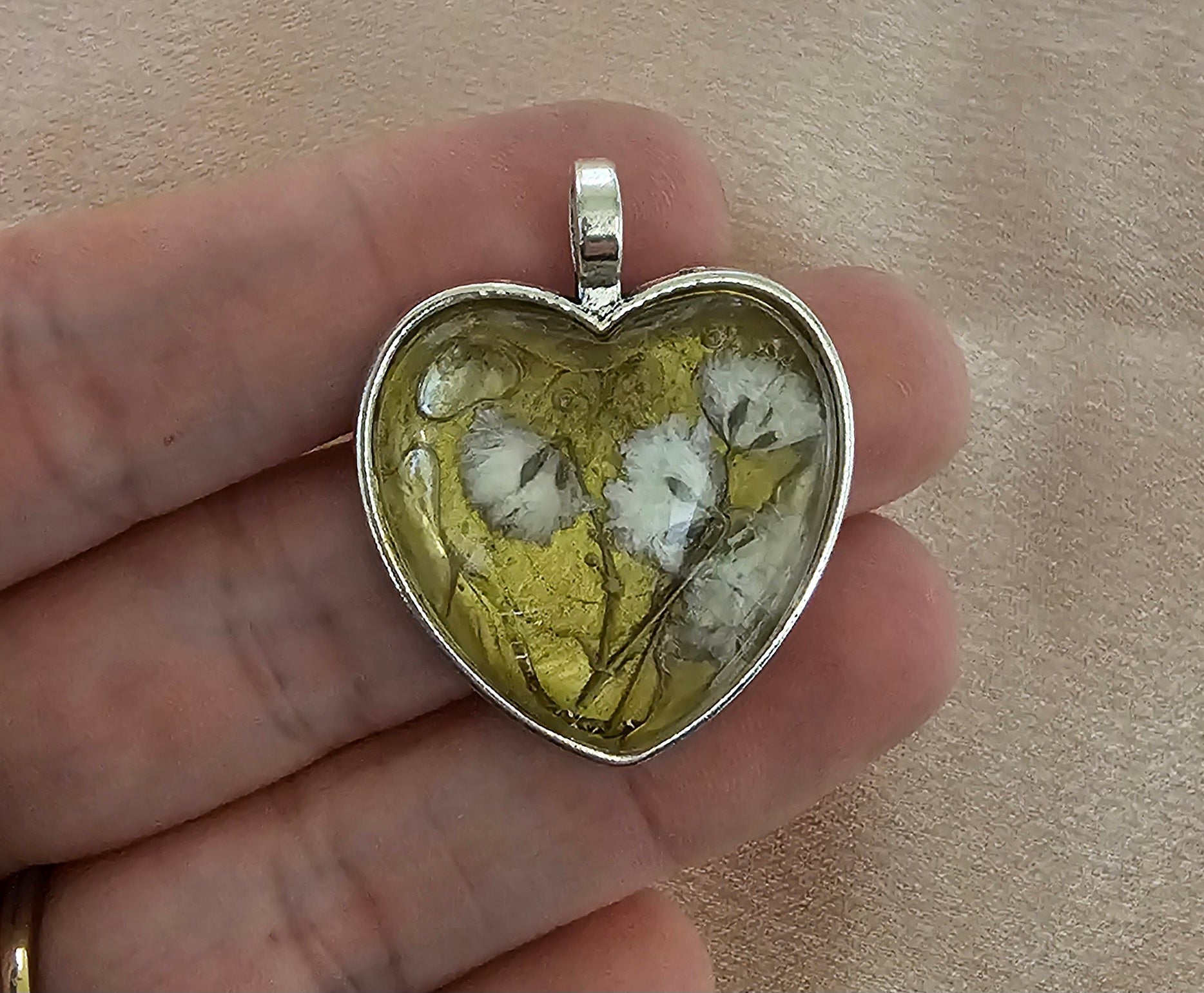 Real Baby's Breath Heart Resin Pendant | White Flowers on Golden Green | Silver Starburst Back | Handmade Cottagecore Jewellery
