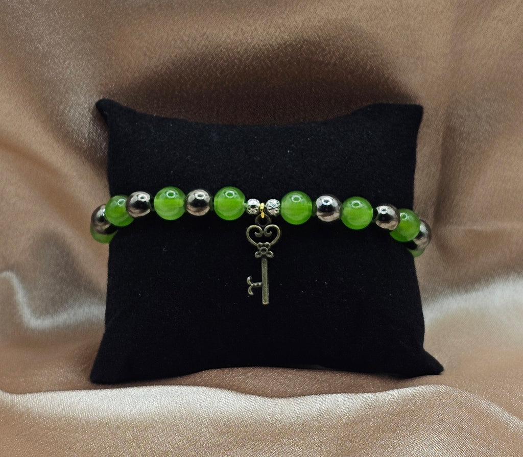 Green Aventurine Bracelet | Vintage Key Charm & Hematite Spacers | Handmade Cottagecore Jewellery Australia