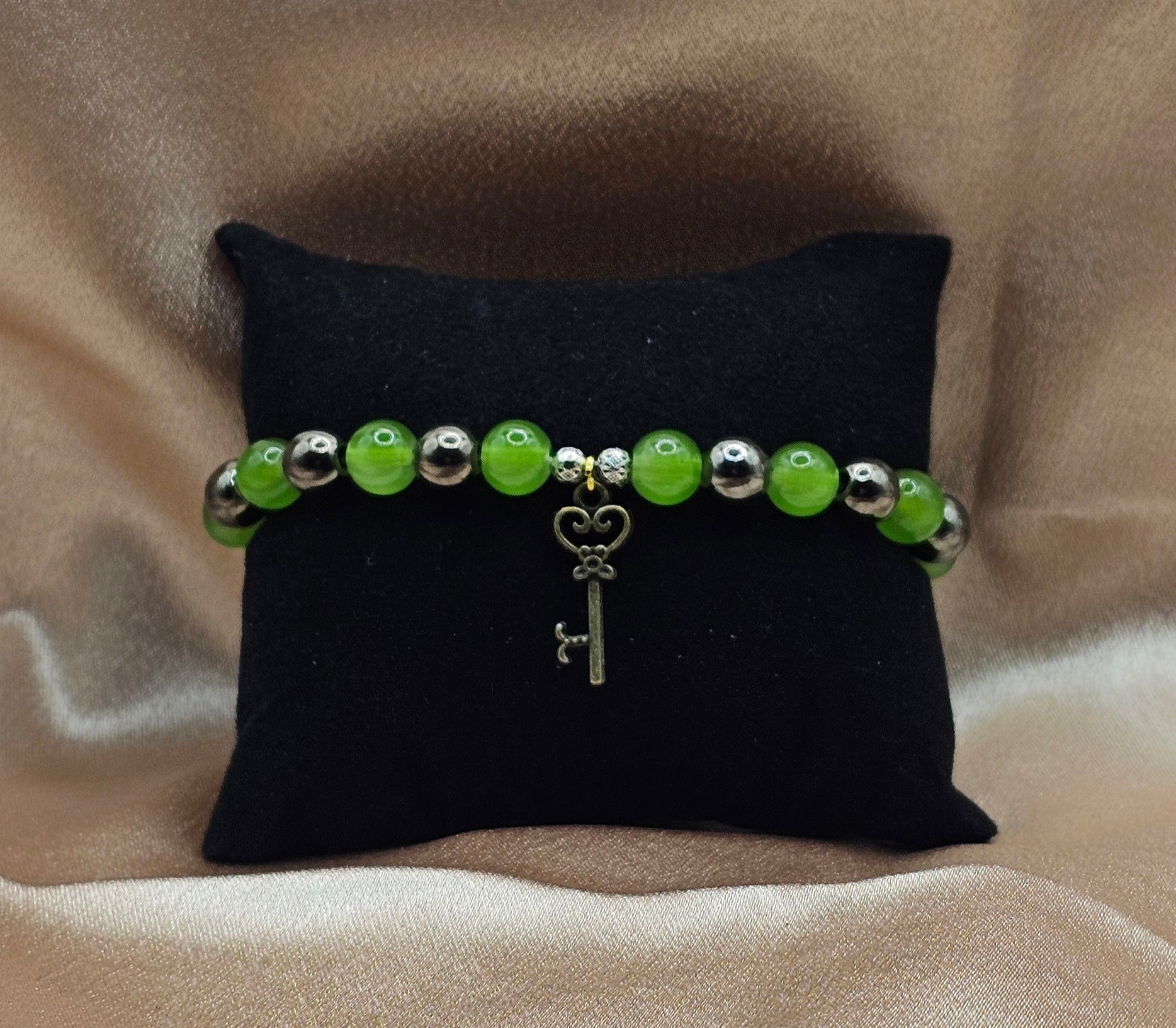 Green Aventurine Bracelet | Vintage Key Charm & Hematite Spacers | Handmade Cottagecore Jewellery Australia