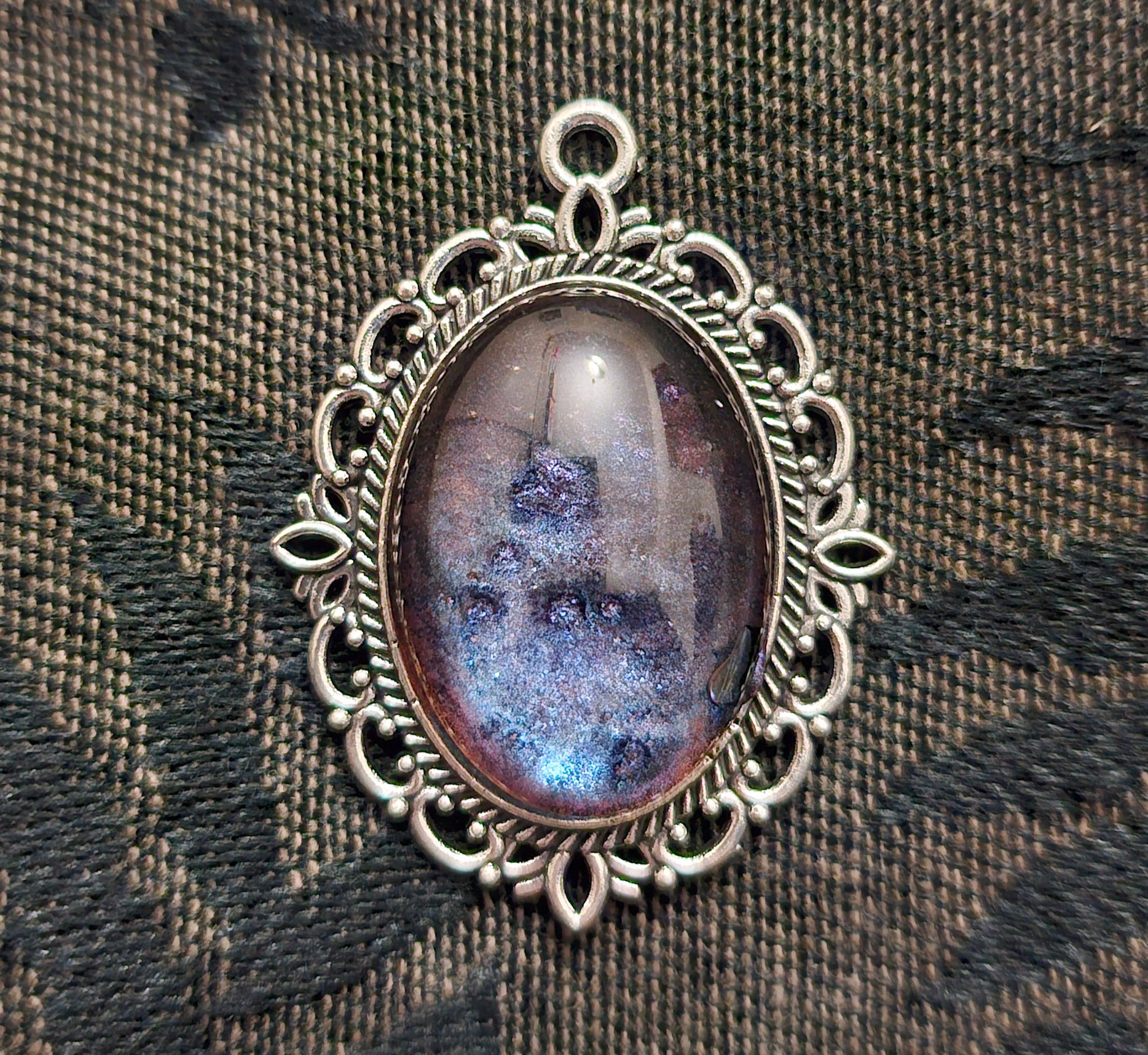 Silver Filigree Oval Resin Pendant | Midnight Blue Purple Galaxy Shimmer | Handmade Gothic Witchy Jewellery