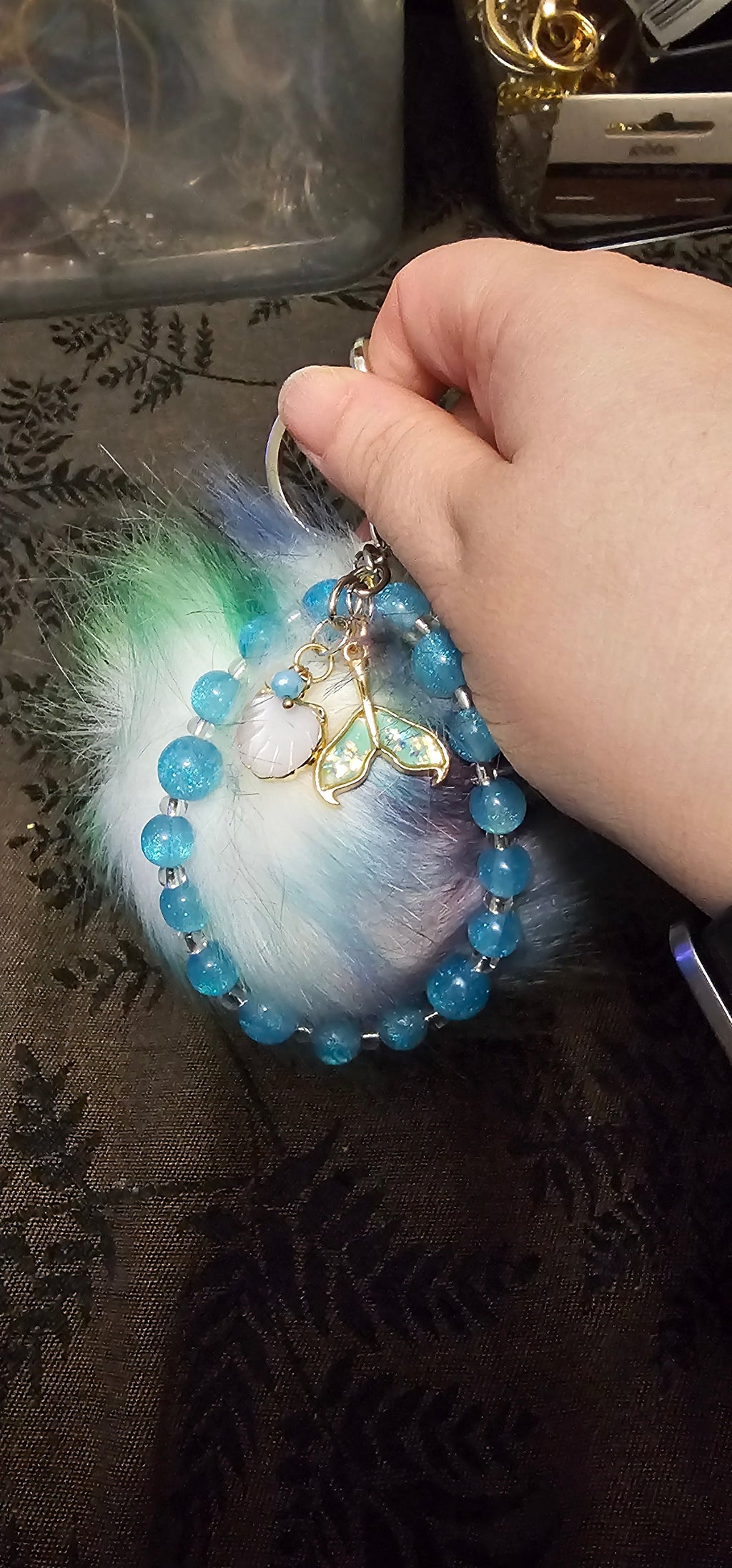Mermaid Pom Pom Keychain | Blue Crackle Beads & Mermaid Tail Charm | Handmade Fairycore Accessory