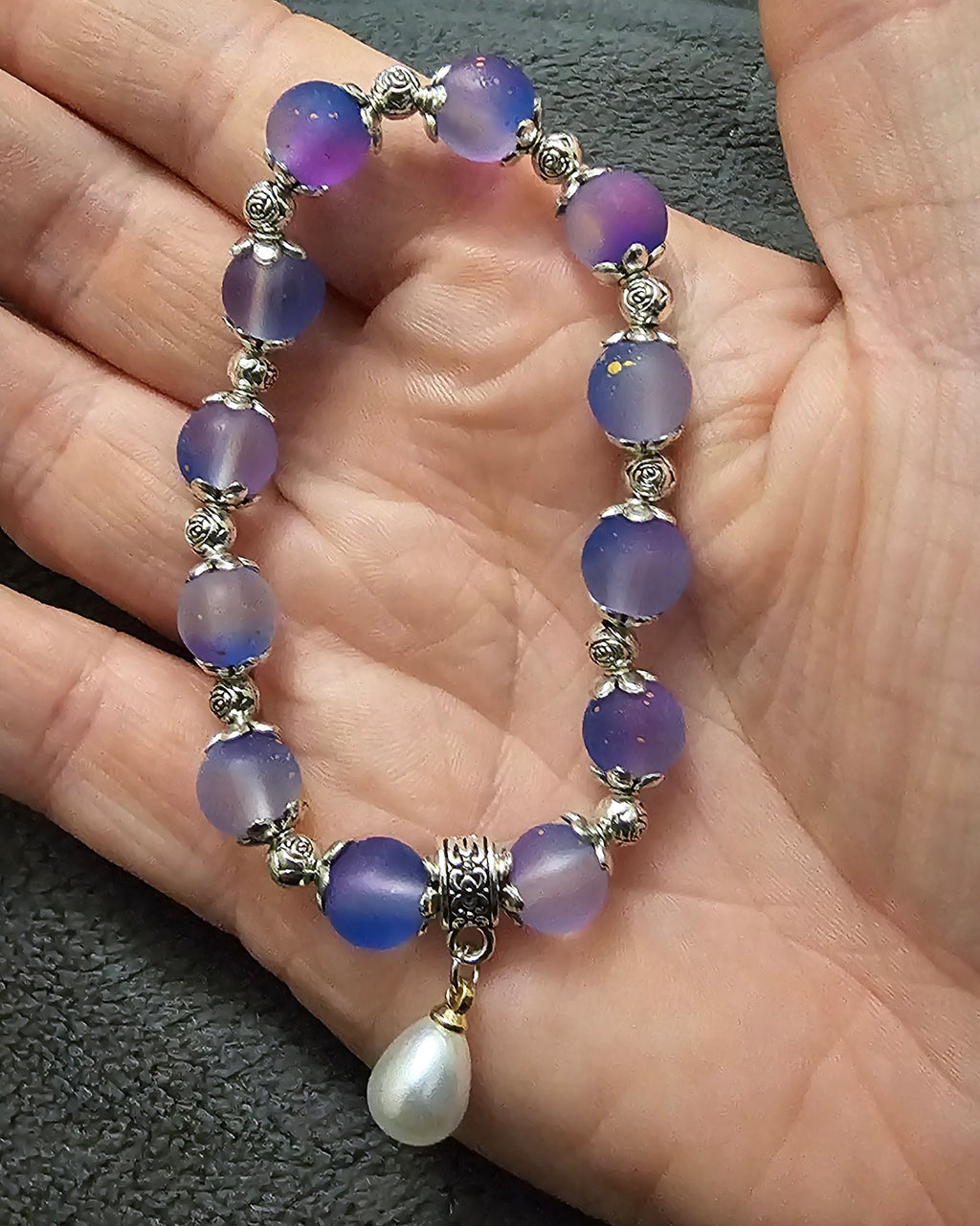 Galaxy Beaded Bracelet | Frosted Stardust Beads & Pearl Drop Charm | Handmade Mooncore Jewellery Australia