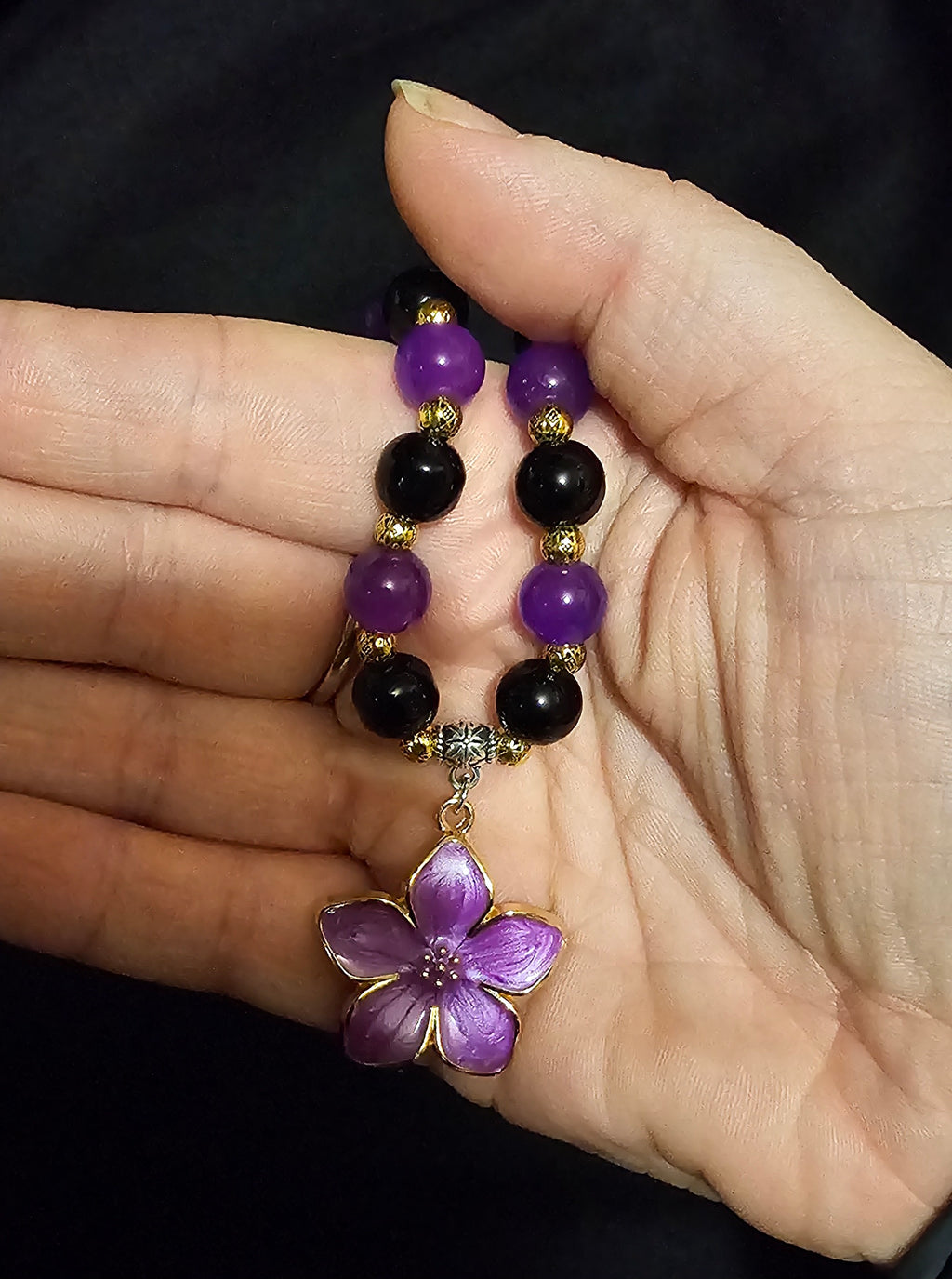 Purple Flower Charm Bracelet | Deep Purple & Black Beads with Gold Accents | Handmade Witchy Jewellery Australia