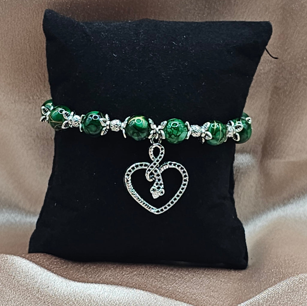 Green Malachite Bracelet | Serpent Heart Charm & Silver Filigree | Handmade Dark Feminine Jewellery Australia