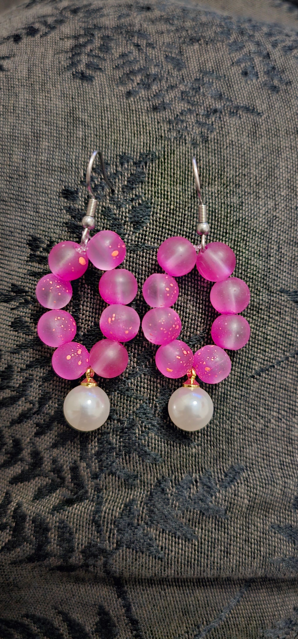 Handmade pink beaded hoop earrings with pearl drop statement dangle, handmade jewellery Australia