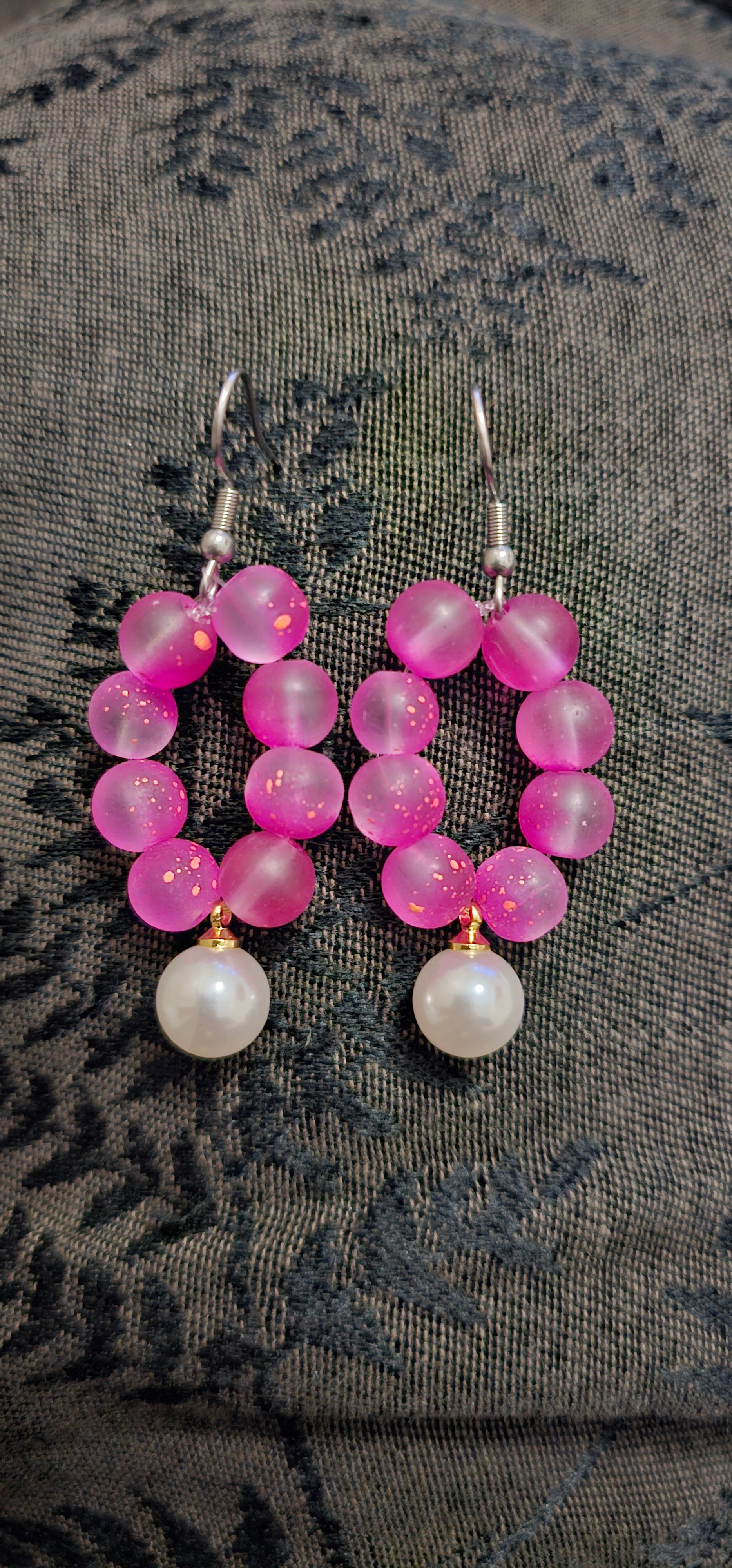 Handmade pink beaded hoop earrings with pearl drop statement dangle, handmade jewellery Australia