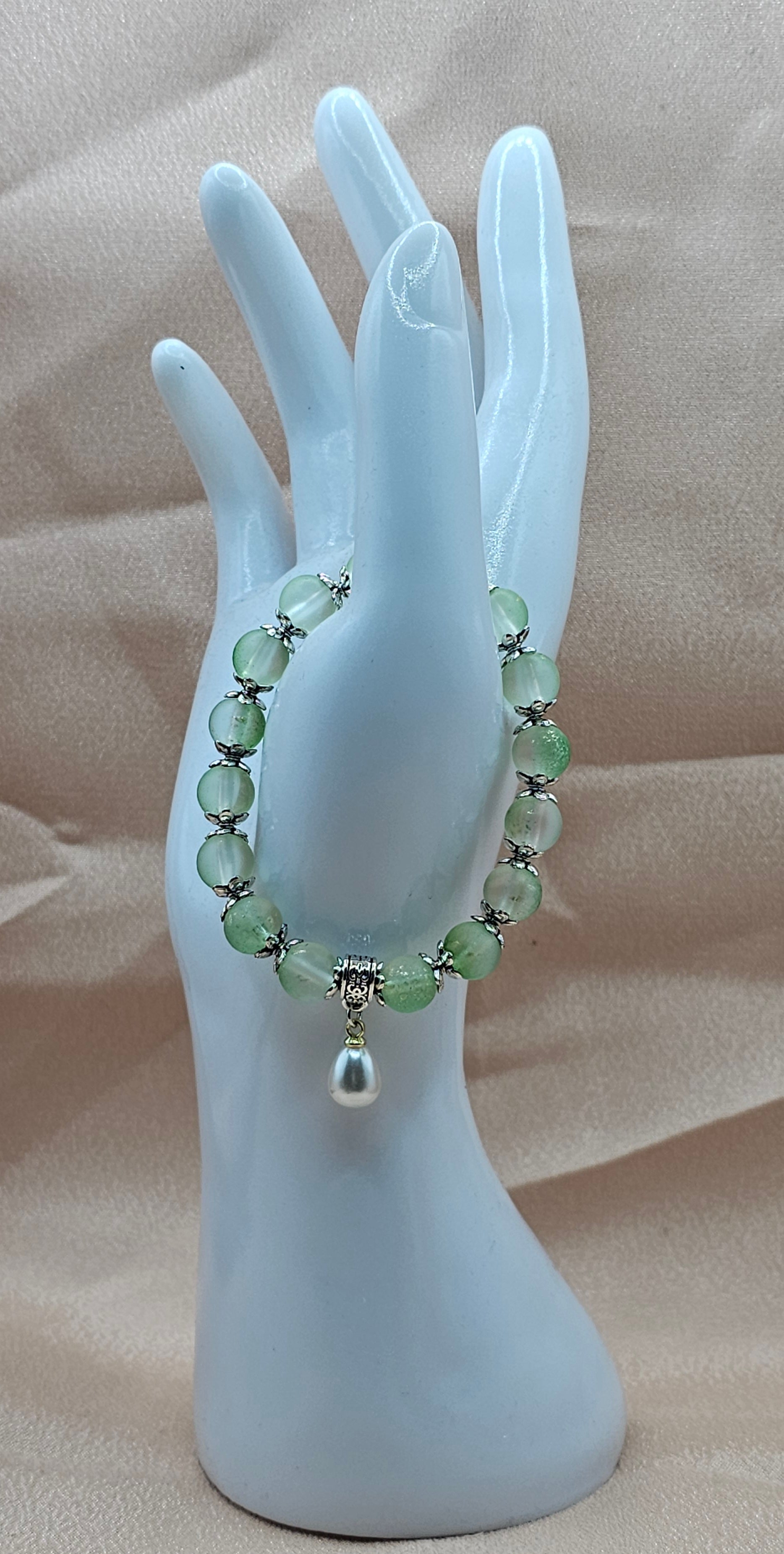 Frosted Green Aventurine Bracelet | Pearl Charm & Silver Floral Caps | Handmade Cottagecore Jewellery Australia