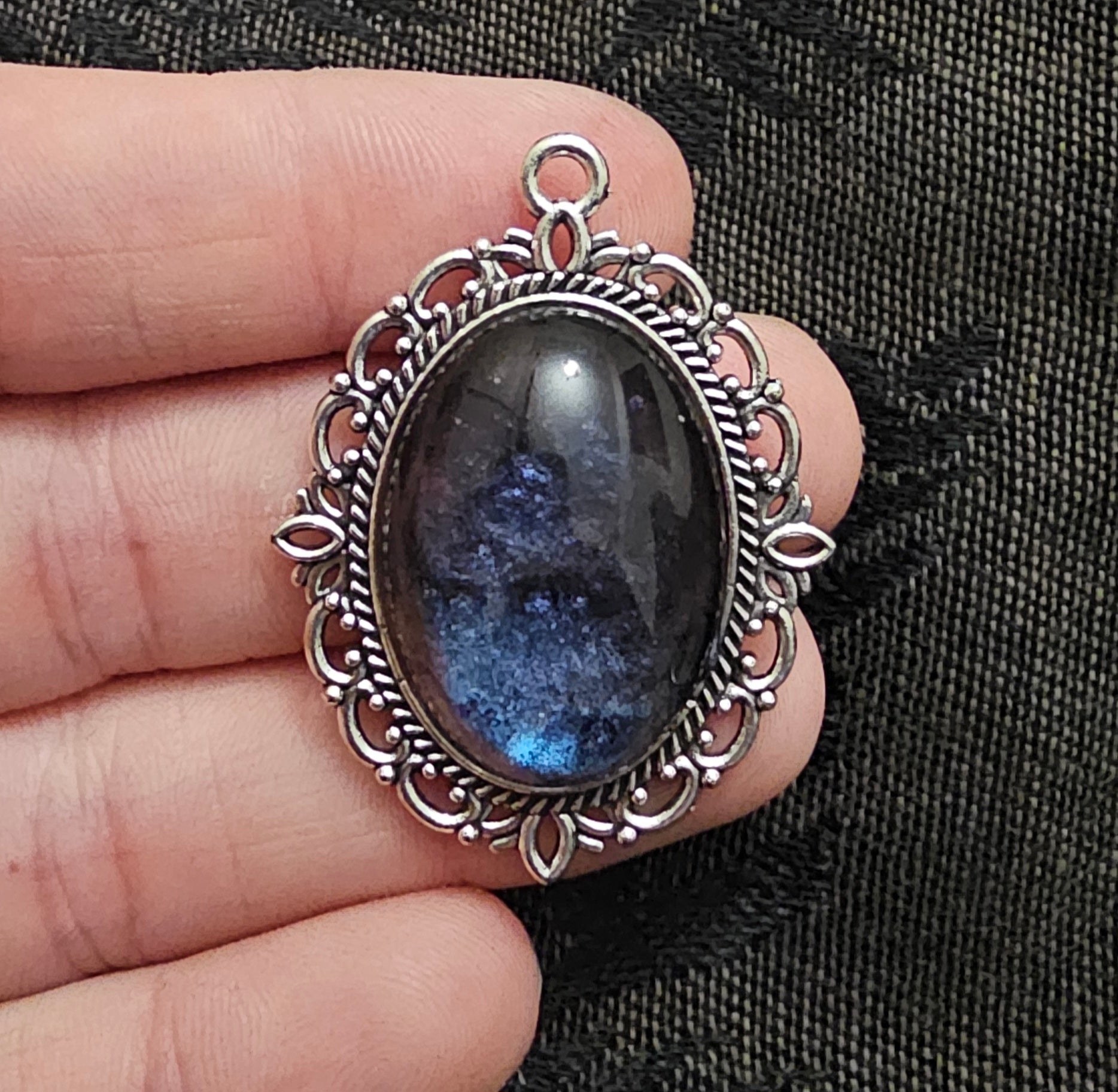 Silver Filigree Oval Resin Pendant | Midnight Blue Purple Galaxy Shimmer | Handmade Gothic Witchy Jewellery