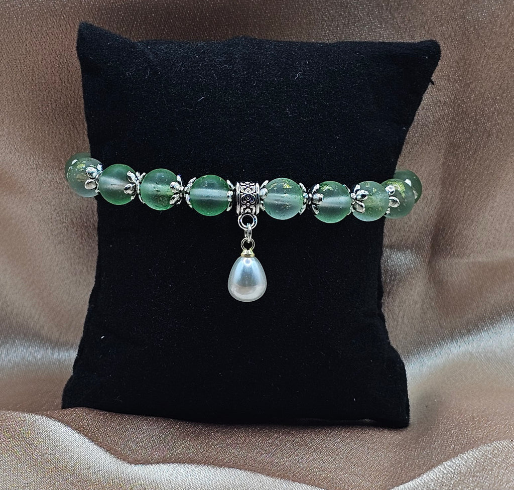 Frosted Green Aventurine Bracelet | Pearl Charm & Silver Floral Caps | Handmade Cottagecore Jewellery Australia