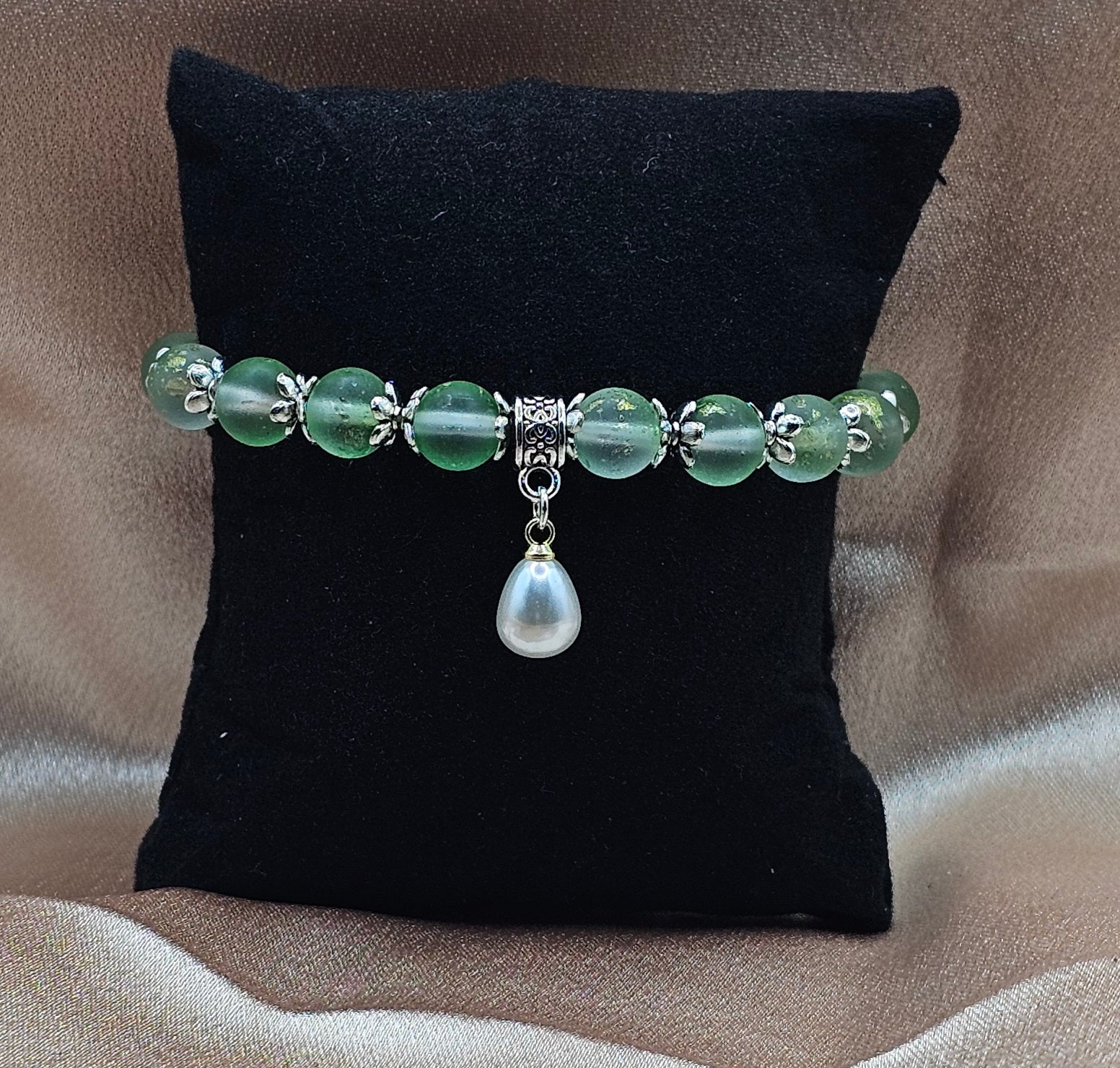 Frosted Green Aventurine Bracelet | Pearl Charm & Silver Floral Caps | Handmade Cottagecore Jewellery Australia