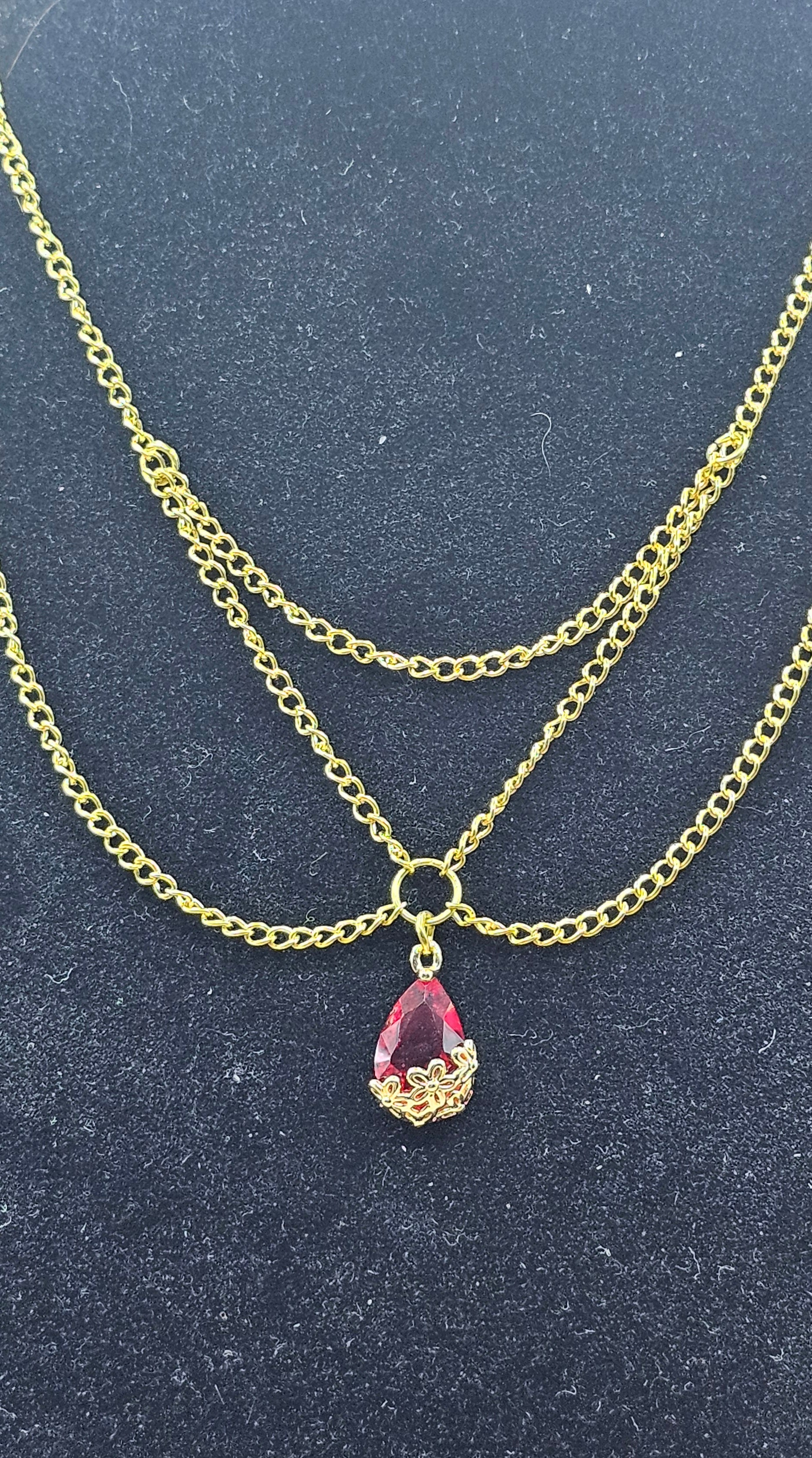 Red Teardrop Layered Necklace | Gold Triple Chain | Handmade Dark Romantic
