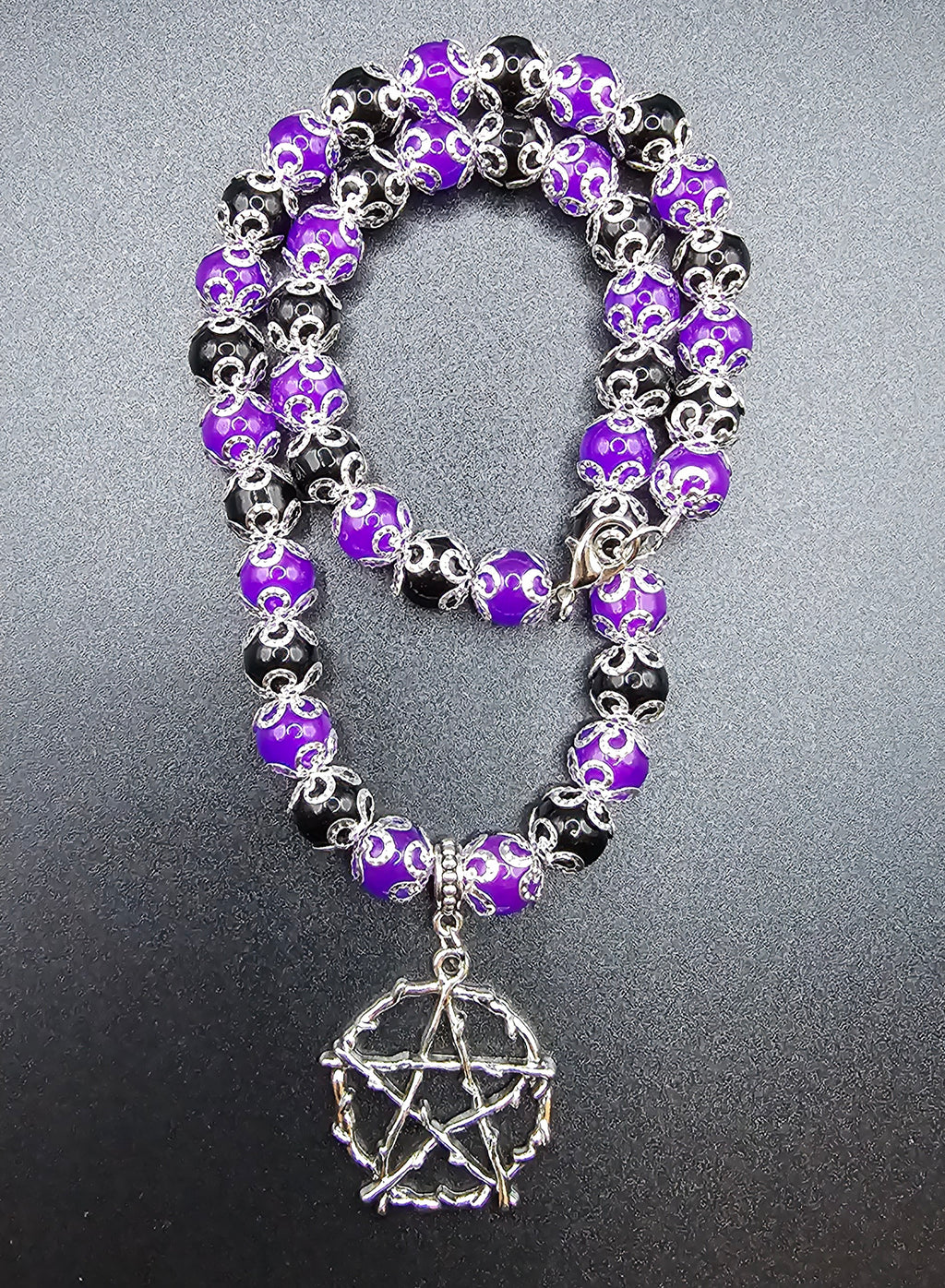 Handmade purple and black pentagram necklace with gothic filigree, witchy jewellery Australia