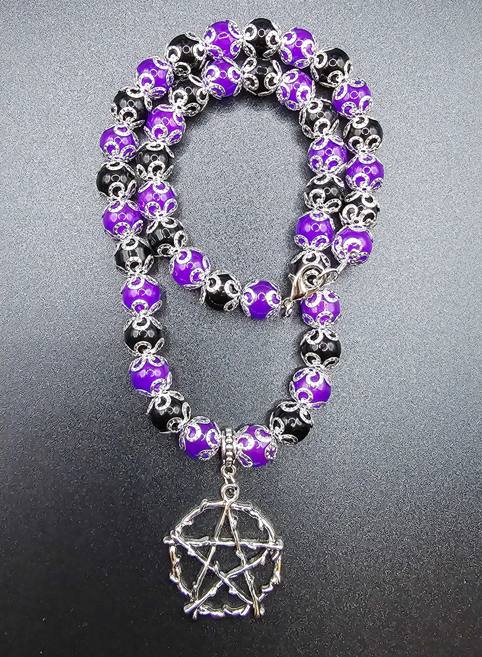 Handmade purple and black pentagram necklace with gothic filigree, witchy jewellery Australia