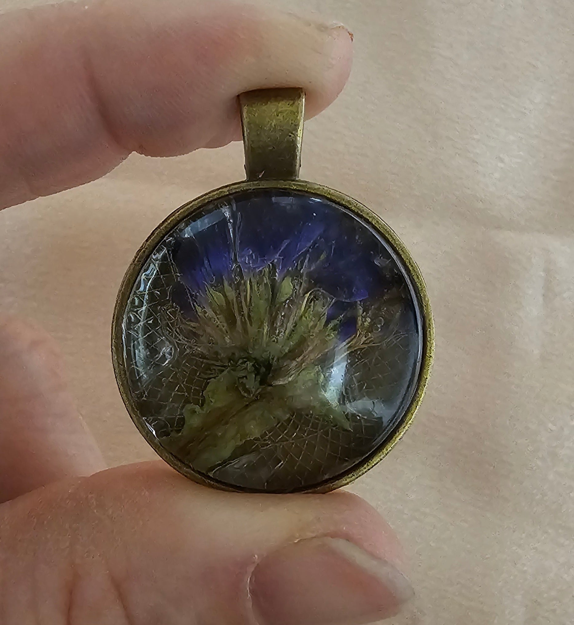 Real Purple Flower Round Resin Pendant | Pressed Botanical on Lace | Antique Bronze Mandala Back | Handmade Cottagecore Jewellery