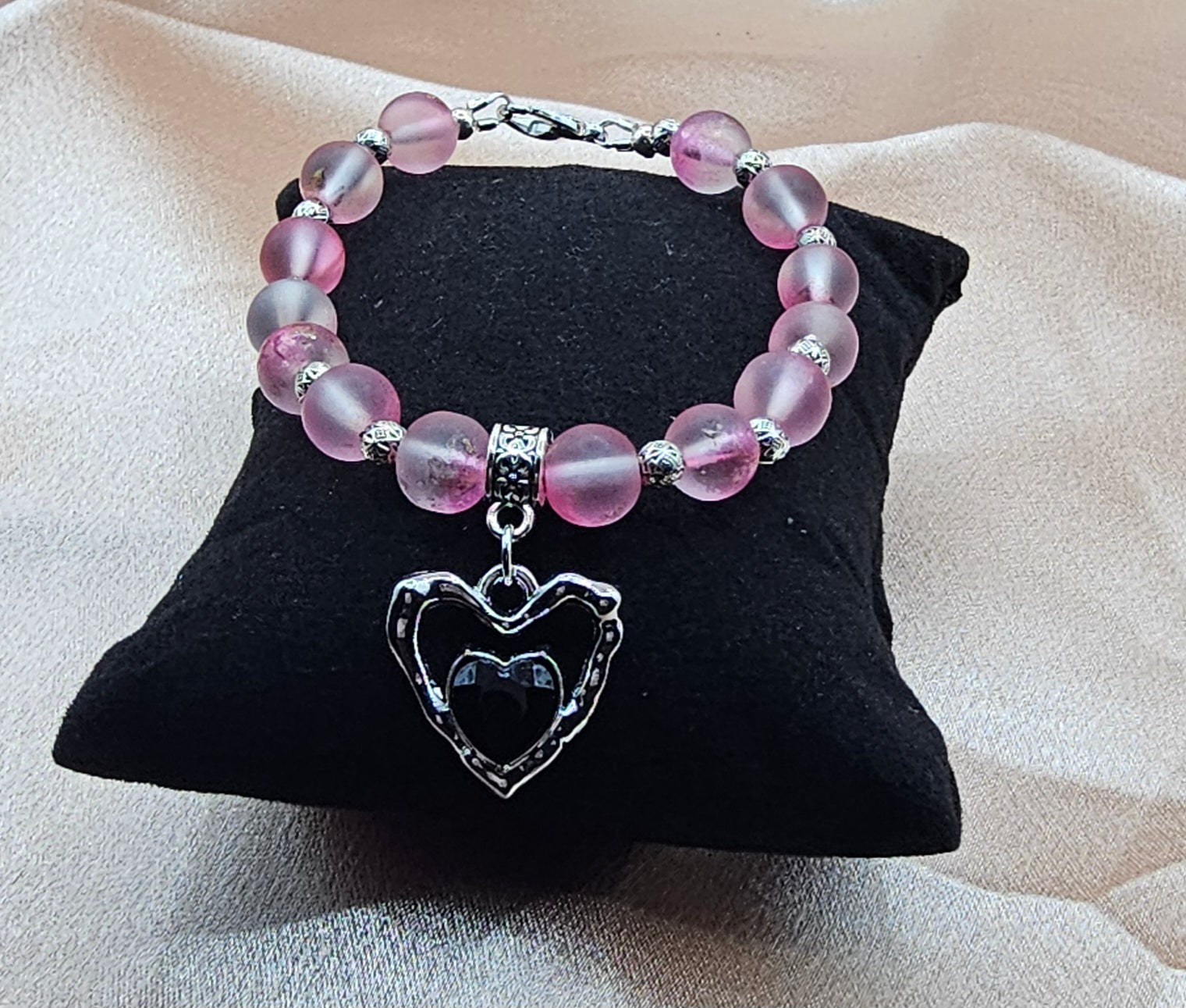 Frosted Pink Beaded Bracelet | Black & Silver Heart Charm | Handmade Soft Goth Jewellery Australia
