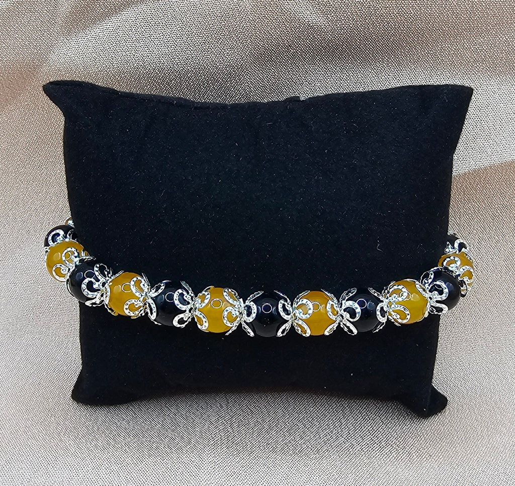 Black & Amber Silver Filigree Bracelet | Gothic Beaded Stretch Bracelet | Handmade Dark Jewellery Australia