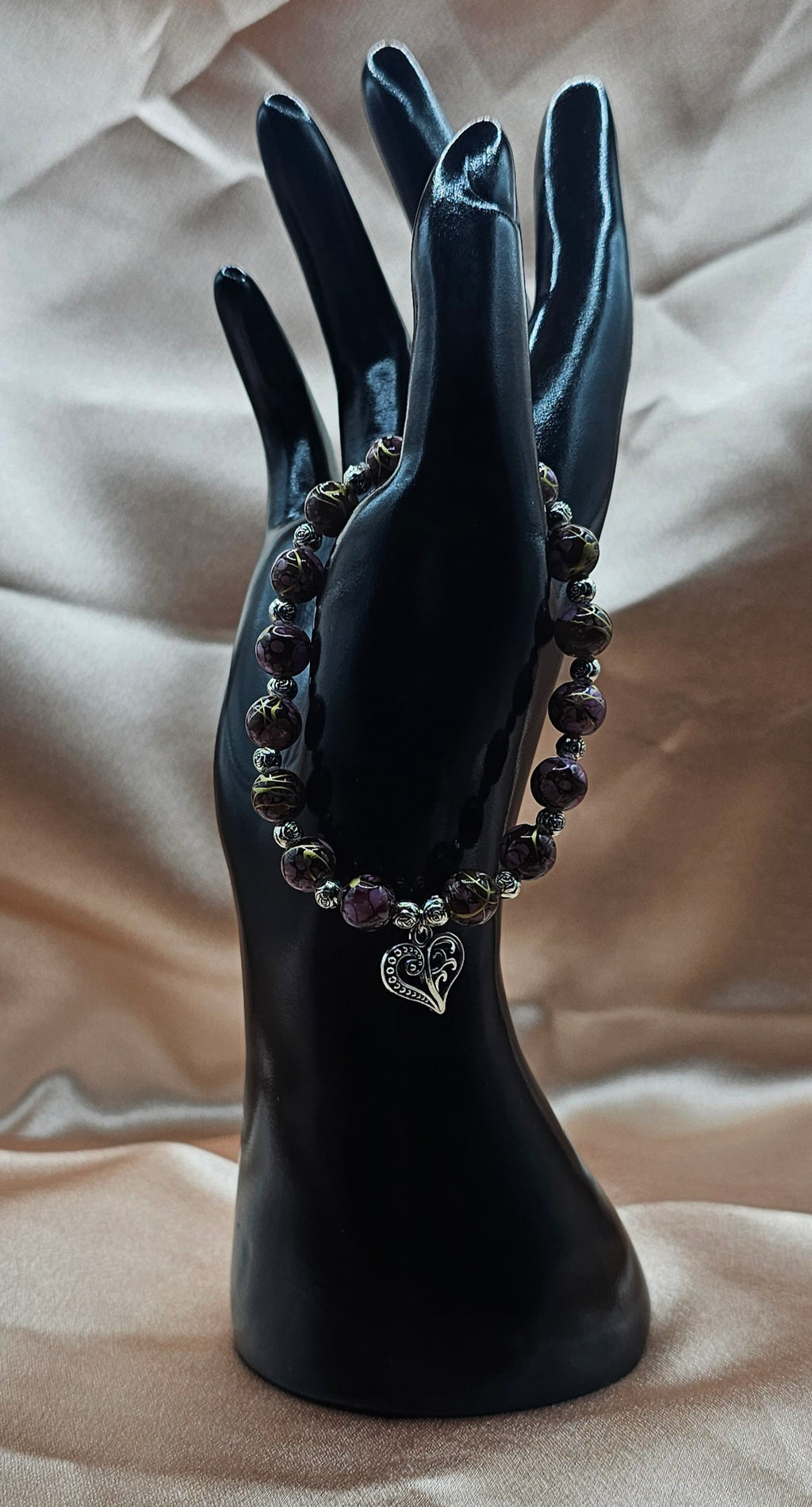 Marbled Beaded Bracelet | Brown & Pink with Silver Heart Charm | Handmade Romantic Jewellery Australia
