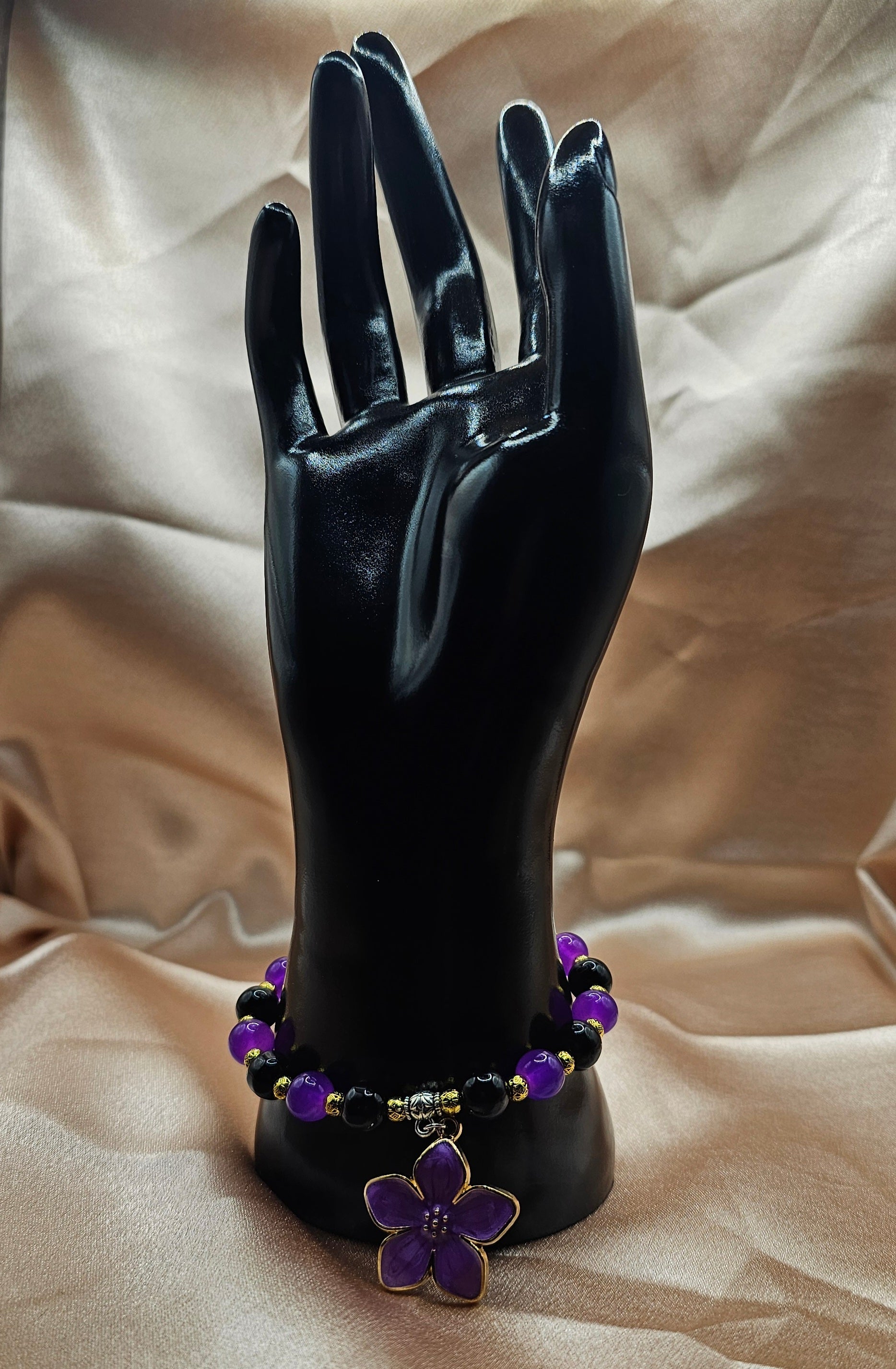 Purple Flower Charm Bracelet | Deep Purple & Black Beads with Gold Accents | Handmade Witchy Jewellery Australia