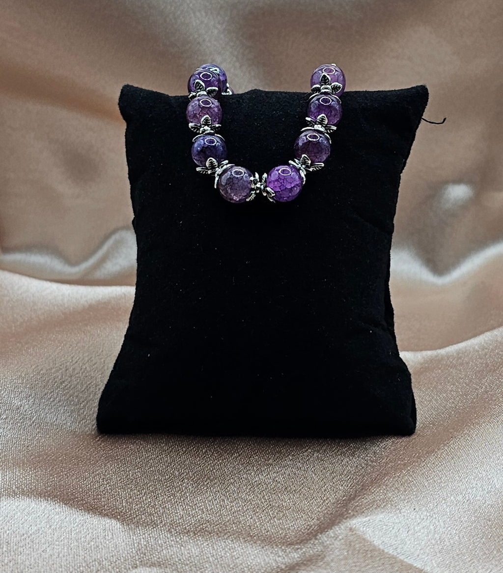 Purple Plum Crackle Agate Bracelet | Silver Floral Caps | Handmade Witchy Cottagecore Jewellery Australia