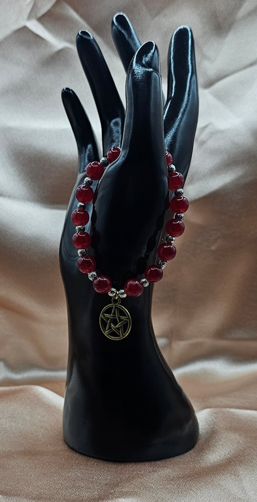 Carnelian Pentagram Bracelet | Red Beaded Stretch with Bronze Pentacle | Handmade Witchy Jewellery Australia