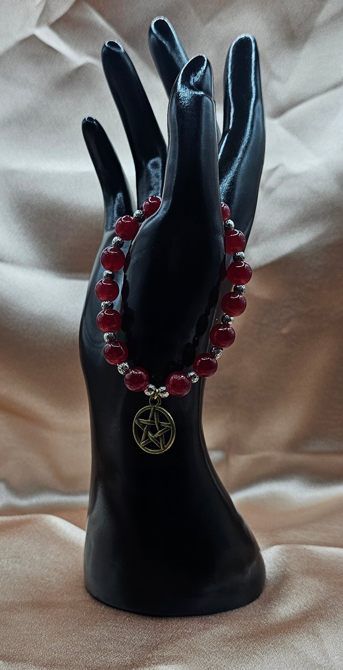 Carnelian Pentagram Bracelet | Red Beaded Stretch with Bronze Pentacle | Handmade Witchy Jewellery Australia
