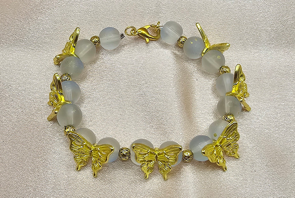 Golden Butterfly Frosted Glass Bead Bracelet | Gold Butterfly Charms | Handmade Fairycore Jewellery Australia